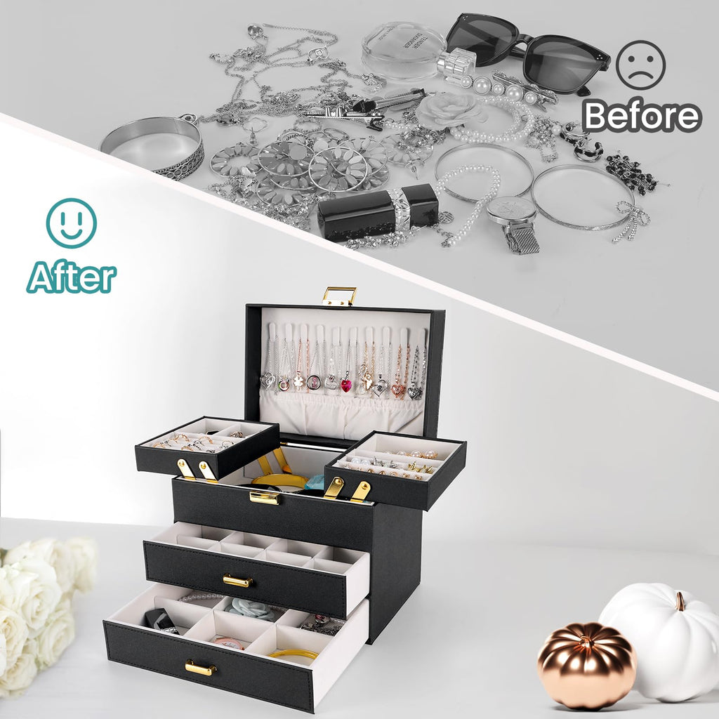 Dajasan Jewelry Organizer Box, Large Jewelry Boxes for Women Girls, Space-Saving 4 Layers Jewelry Storage Case with Drawer, Movable Metal Stand, Modern, Gift Idea (Green)