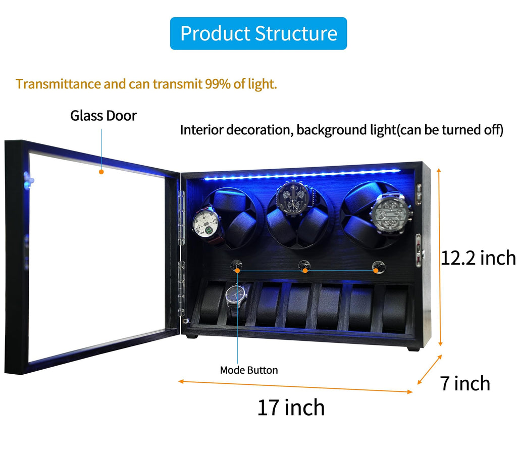 Oryx Watch Winder for 4/6/9 Automatic Watches, Rotating Watch Box 5 Rotation Modes Setting Display Case with Extra Watch Storages and LED Light, Lockable Winders USB Powered Super Quiet Mabuchi Motor