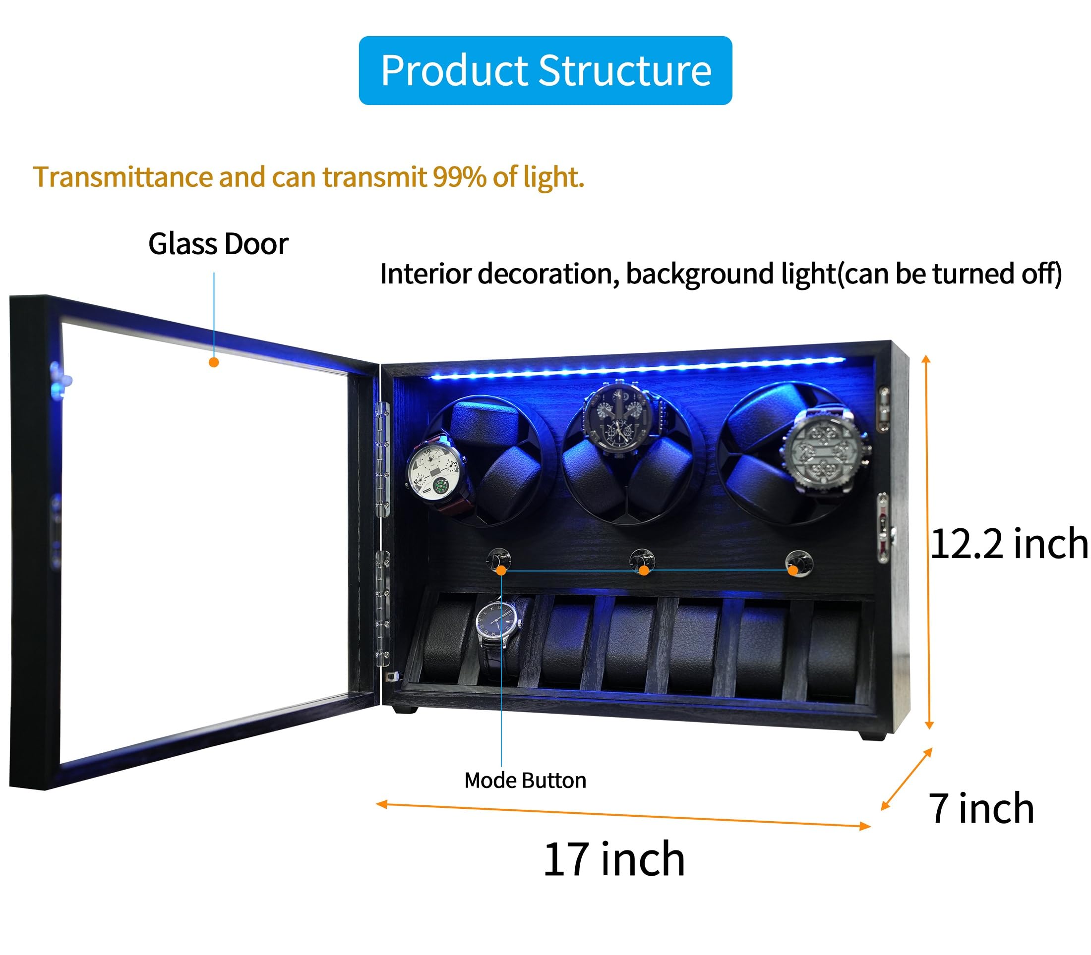 Oryx Watch Winder for 4/6/9 Automatic Watches, Rotating Watch Box 5 Rotation Modes Setting Display Case with Extra Watch Storages and LED Light, Lockable Winders USB Powered Super Quiet Mabuchi Motor