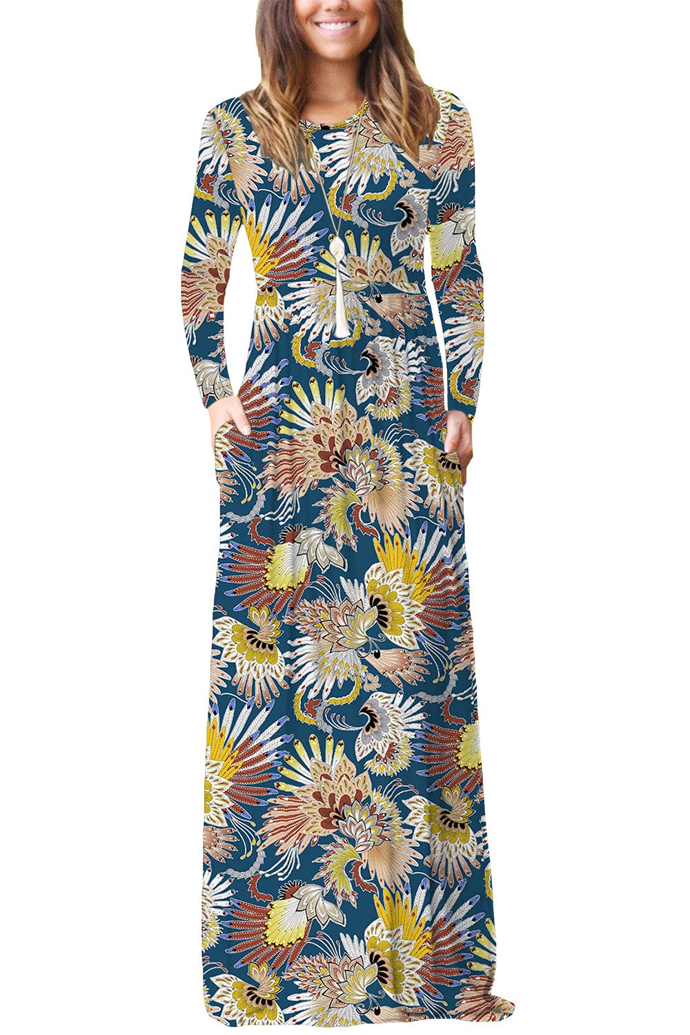 EUOVMY Women's Long Sleeve Loose Maxi Dresses Casual Long Dresses with Pockets