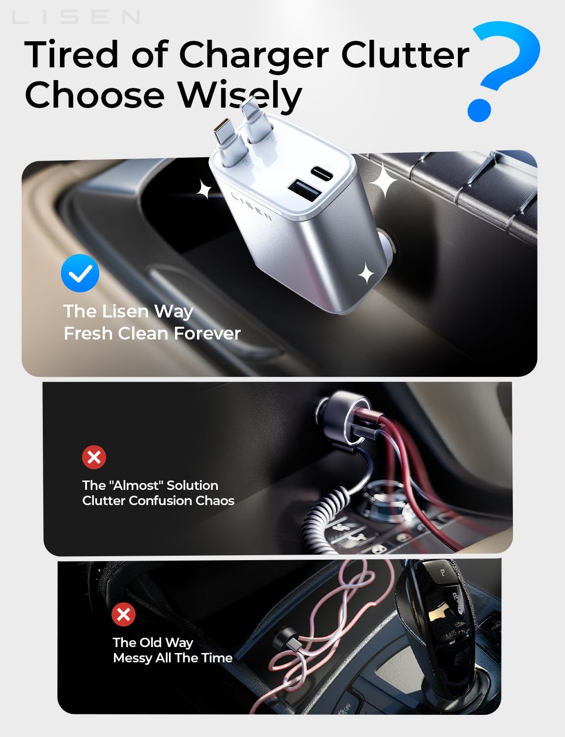 LISEN Retractable Car Charger, 84W Car Charger USB C Fast Charger Adapter for iPhone, Car Accessories for Men Women, Birthday Gifts for Fathers Day for Men Dad Husband, for iPhone 17 16 15 14 13 12 11
