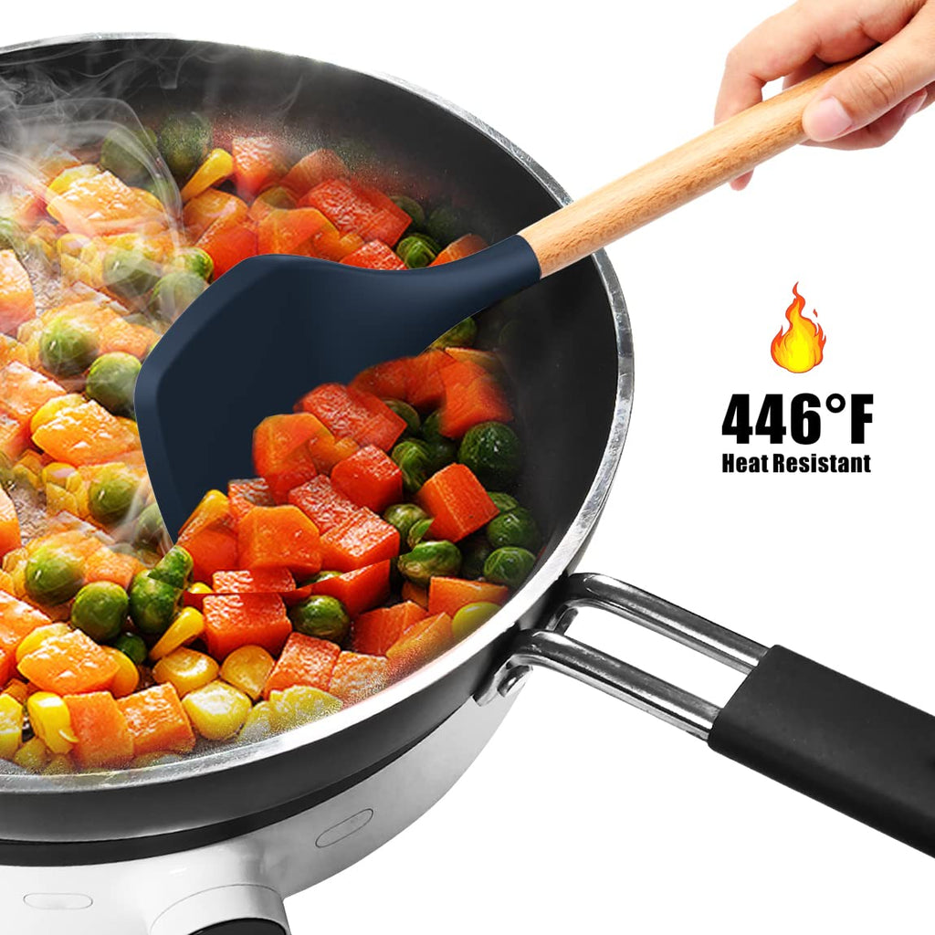oannao Silicone Cooking Utensils Set - 446°F Heat Resistant Silicone Kitchen Utensils for Cooking,Kitchen Utensil Spatula Set w Wooden Handles, BPA FREE Gadgets for Non-Stick Cookware (Black)