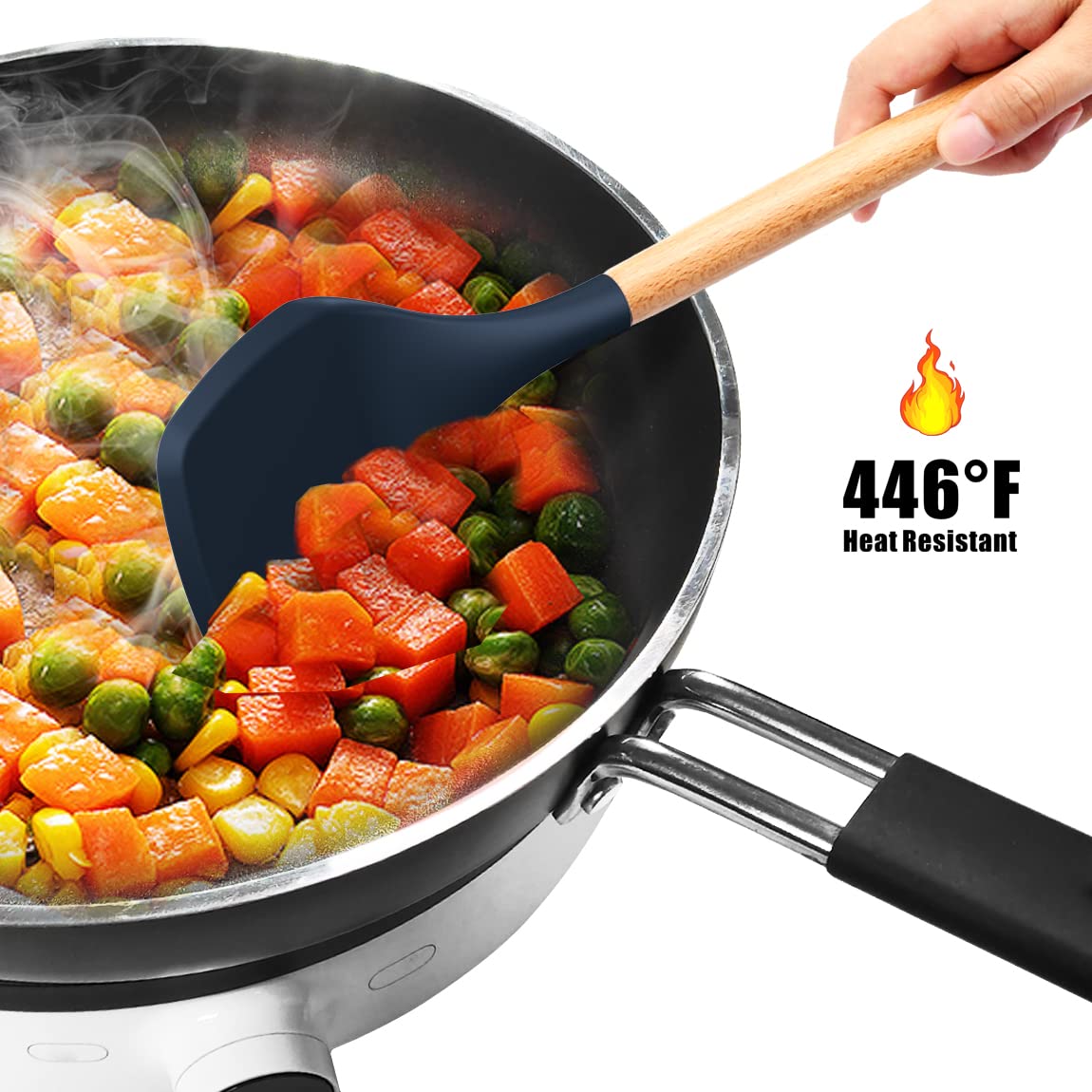 oannao Silicone Cooking Utensils Set - 446°F Heat Resistant Silicone Kitchen Utensils for Cooking,Kitchen Utensil Spatula Set w Wooden Handles, BPA FREE Gadgets for Non-Stick Cookware (Black)