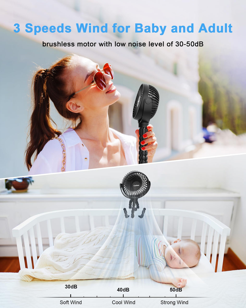Coohea Stroller Fan Clip on for Baby, 4000mAh Rechargeable Battery Operated, Flexible Tripod, 3 Wind Speed, 360° Rotatable, Small Cooling Portable Fan for Car Seat Crib Golf Cart Bike Treadmill, Black