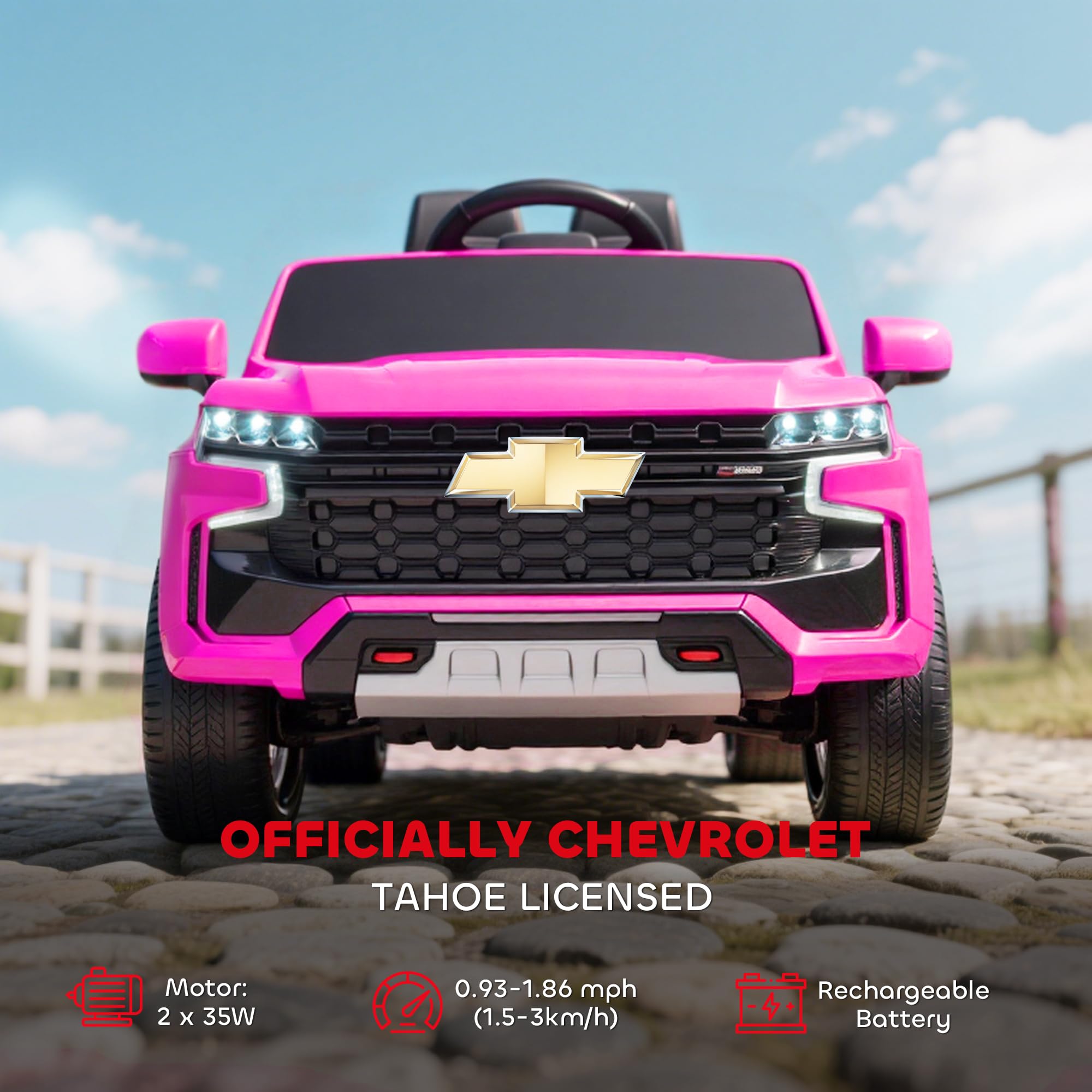 Aosom Licensed Chevrolet Tahoe Ride On Car, 12V 7AH Battery Power Ride On Toy with Parent Remote Control, LED Lights, Music, 4 Wheeler Suspension, 3 Speeds, Kids Electric Vehicle for Aged 3+, Pink
