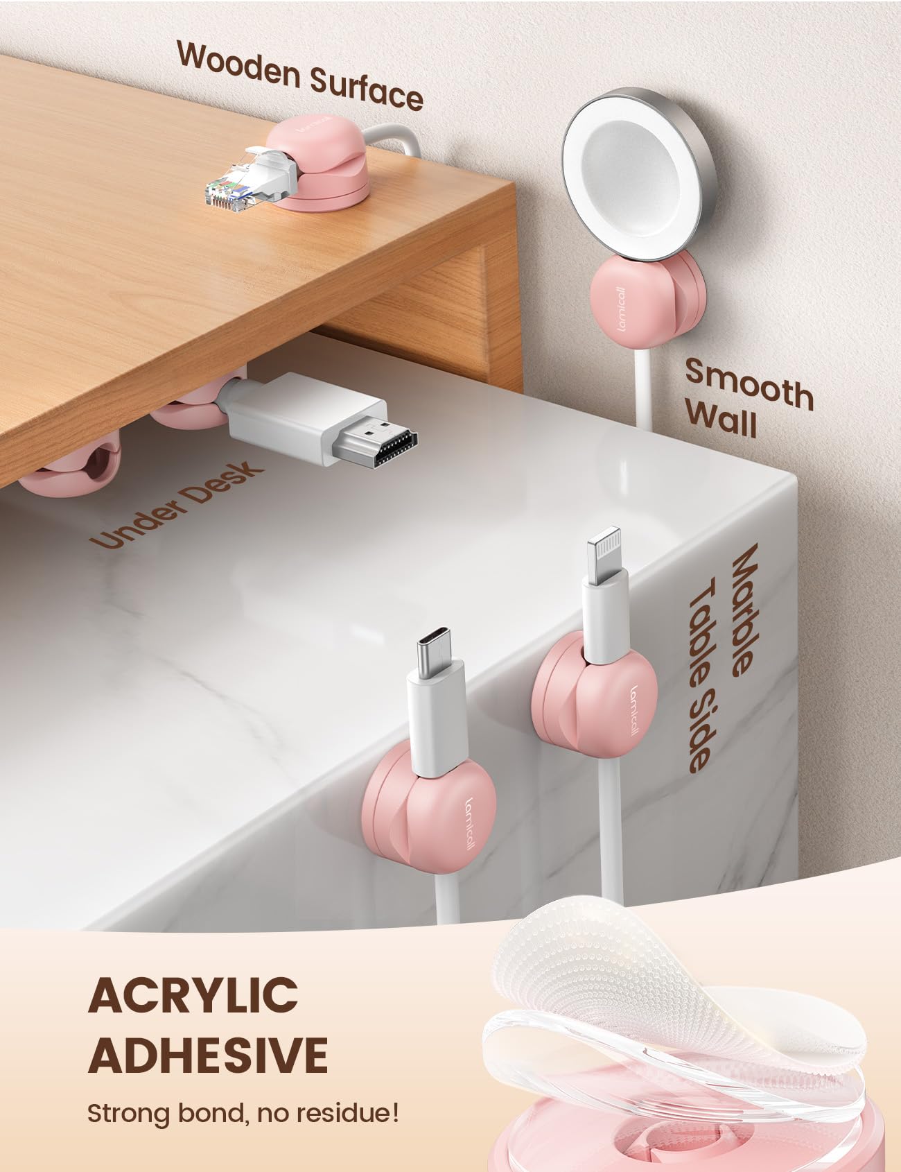 Lamicall 6 Pack Rotatable Spring Cord Organizer, Women Girls Adhesive Cable Management for Desk Nightstand Wall, Office Home Dorm Room Cable Clips Organizer Decor, Phone Charger Cord Holder, Pink