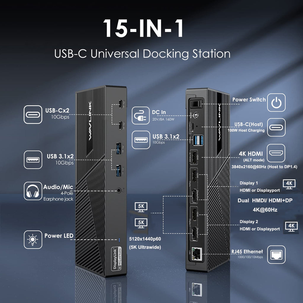 WAVLINK USB Laptop Docking Station Dual Monitors, DisplayLink Laptop Dock for M1-M5 Mac/MacBook Neo, Windows, ChromeOS(HDMI & HDMI/DVI, 6xUSB Ports, LAN, Audio)