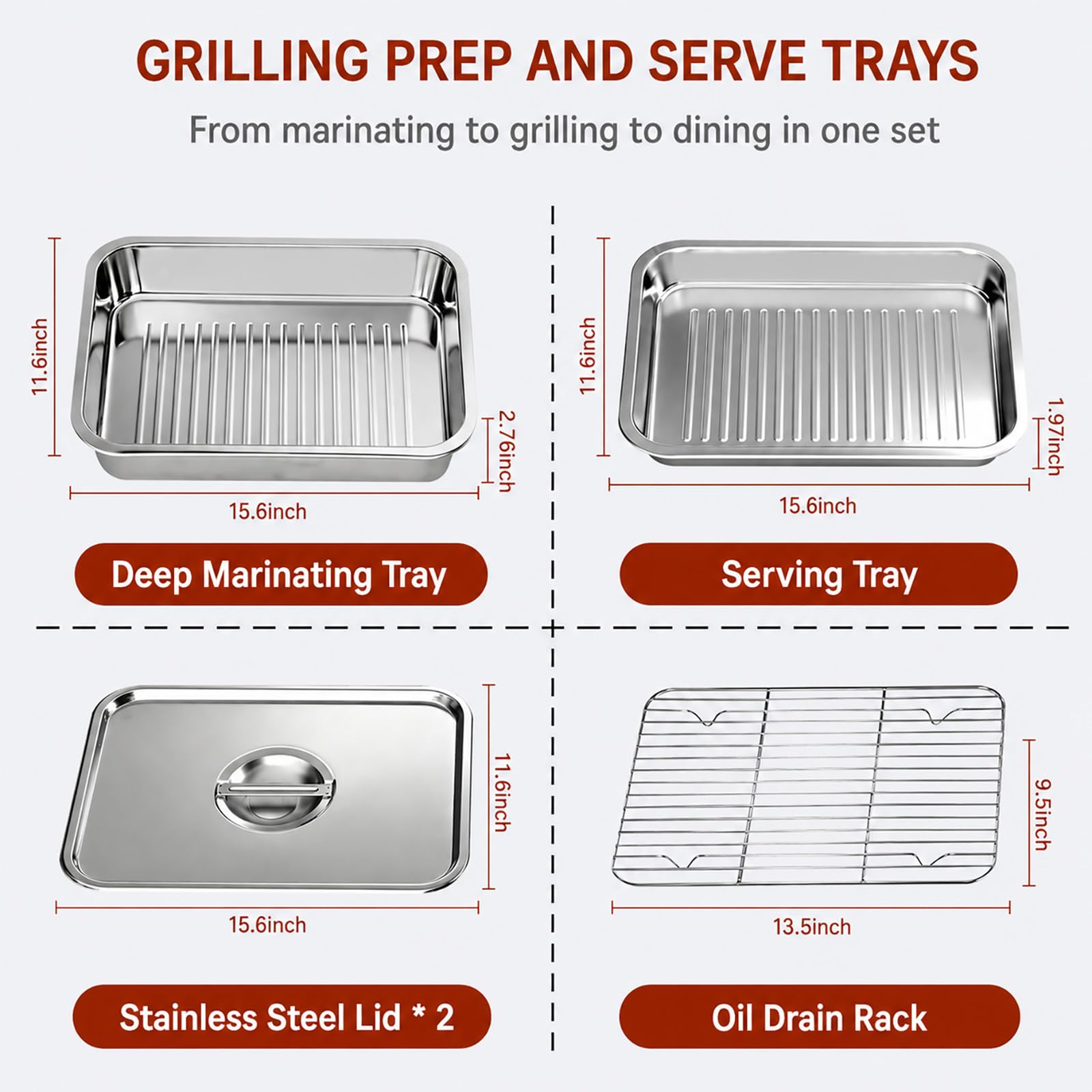 Grill Prep & Serve Tray Set with Lids, 5-Piece Food Prep System for Marinating, Carrying & Serving, Stainless Steel BBQ Trays for Raw & Cooked Food Separation (Rack Included)