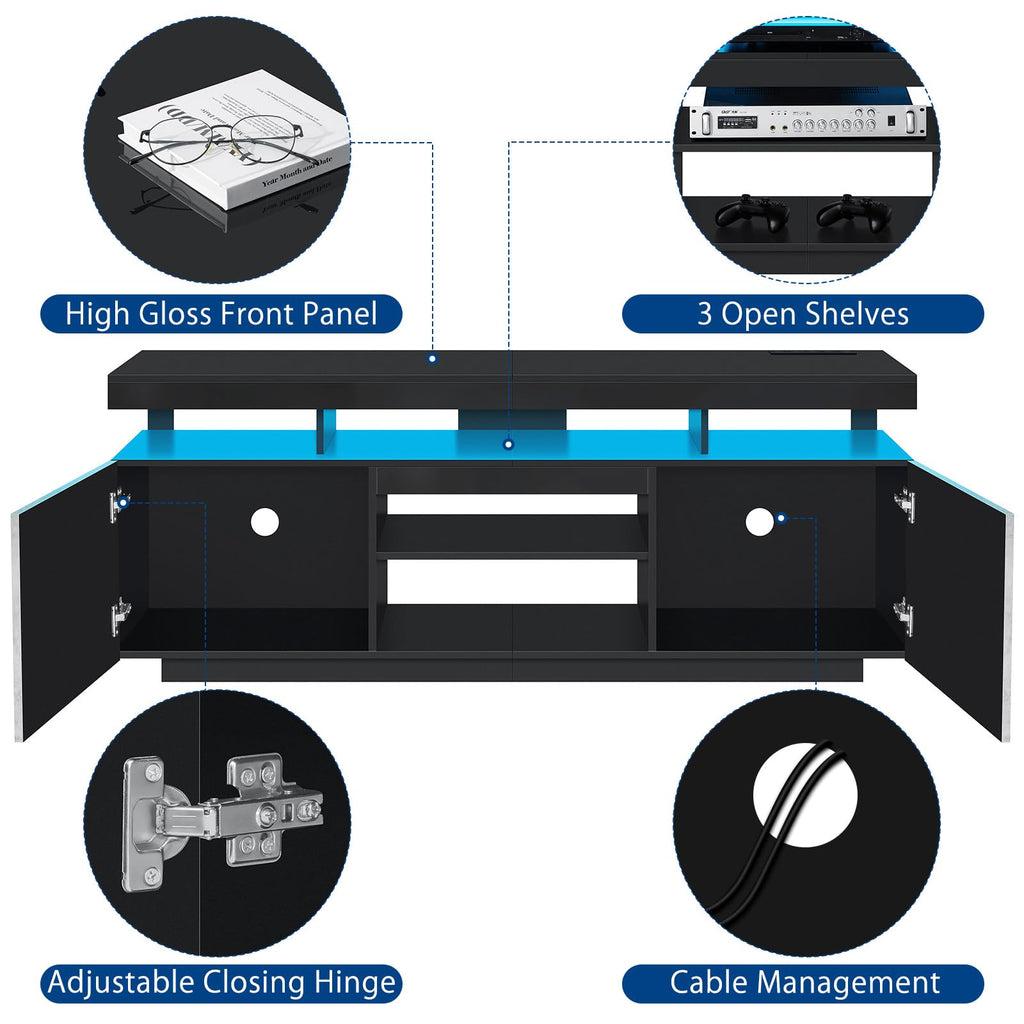 HOMMPA Modern LED TV Stand for 55 Inch TV, Black Tall TV Console with Power Outlet, Entertainment Center with Storage, High Gloss Gaming Media Console Cabinet for Living Room (47 Inch)