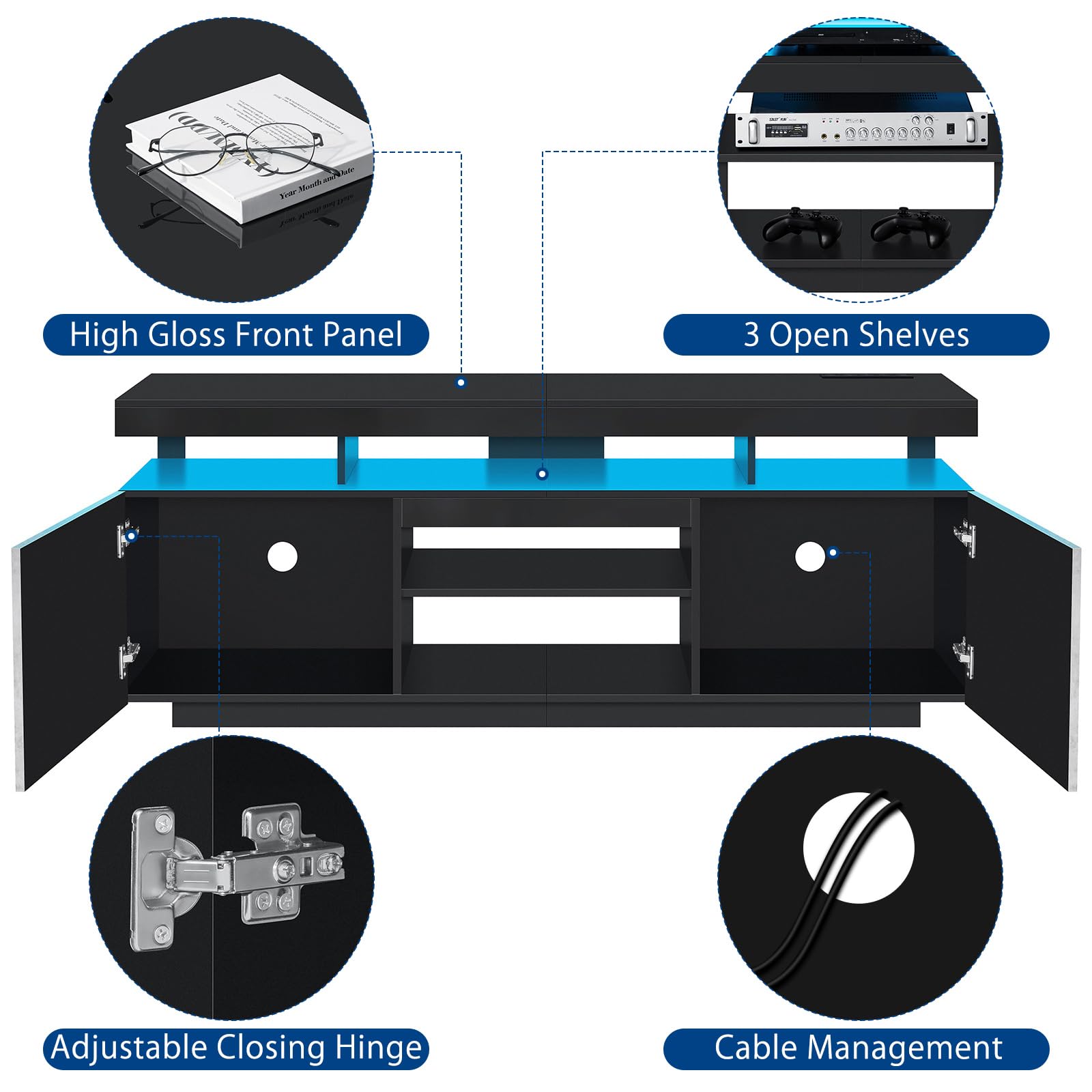 HOMMPA Modern LED TV Stand for 55 Inch TV, Black Tall TV Console with Power Outlet, Entertainment Center with Storage, High Gloss Gaming Media Console Cabinet for Living Room (47 Inch)