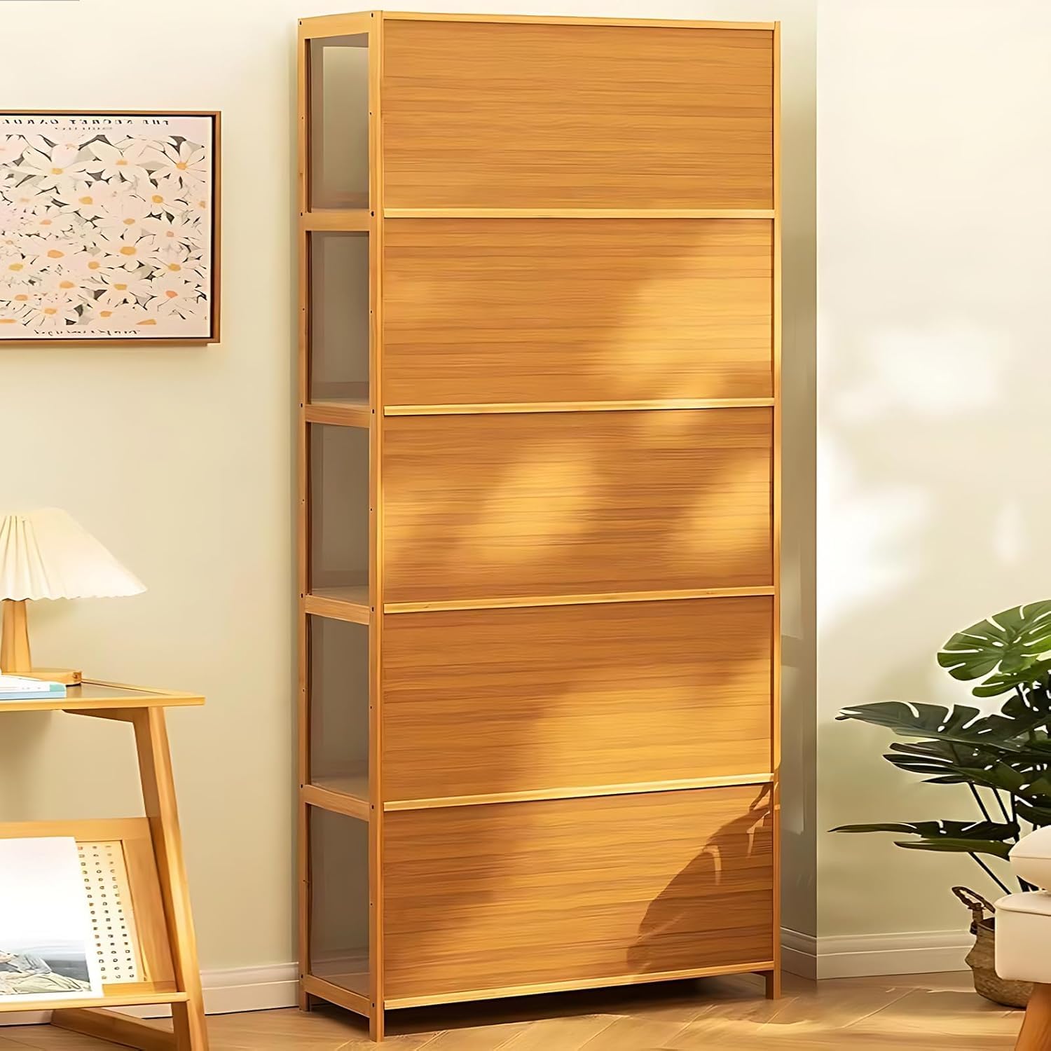 Display Cabinet with Acrylic Glass Door, 5 Tier Curio Display Case, Collectibles Toy Organizers Rack & Display Shelf, Kids Bookcase for Bedroom, Reading Nook, living Room, Bamboo (Black -flip Door)