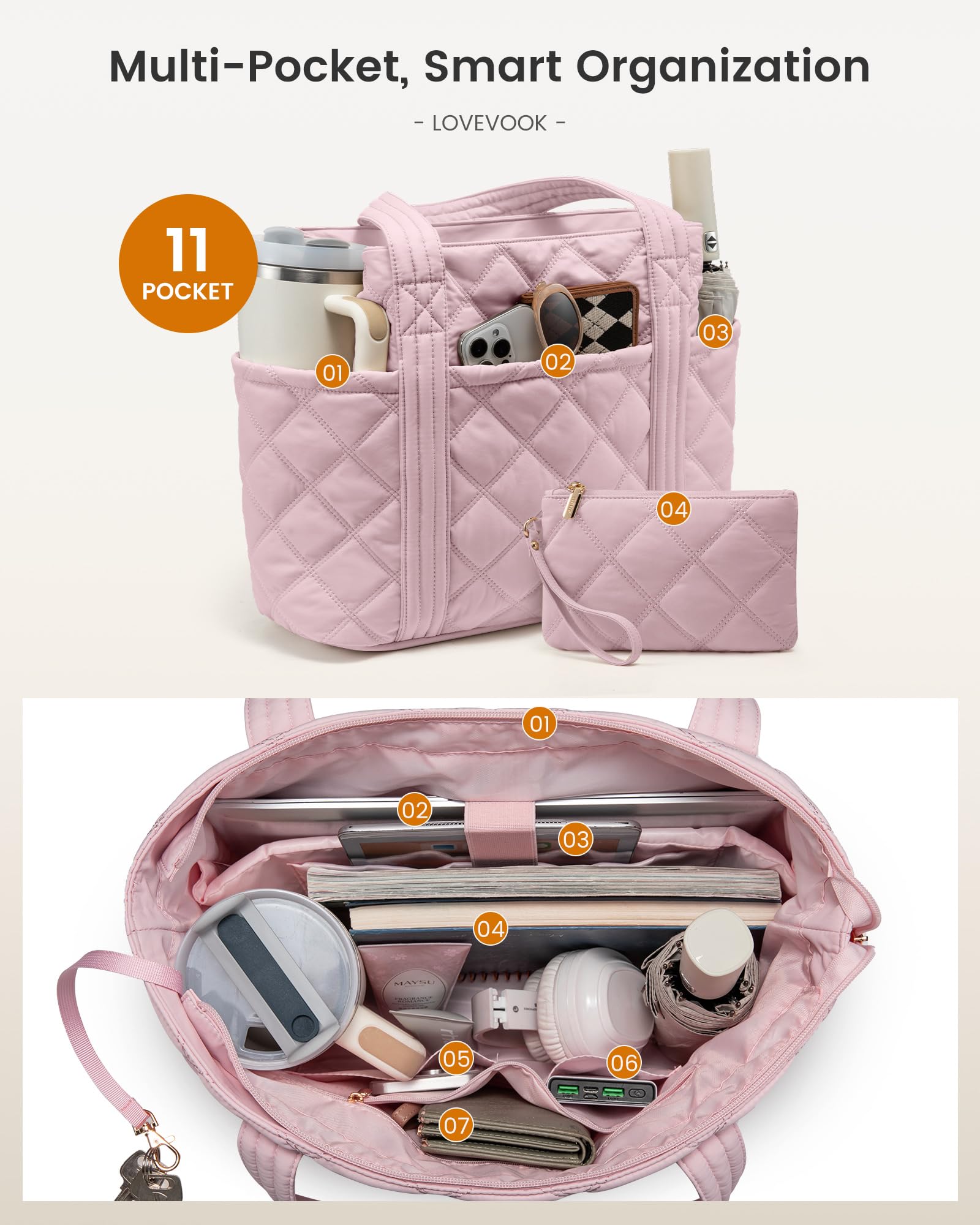 LOVEVOOK Puffer Tote Bag for Women, Puffy Work Handbag with Cup Holder, Travel Carry On Bag with Zipper for Teacher Nurse Gym