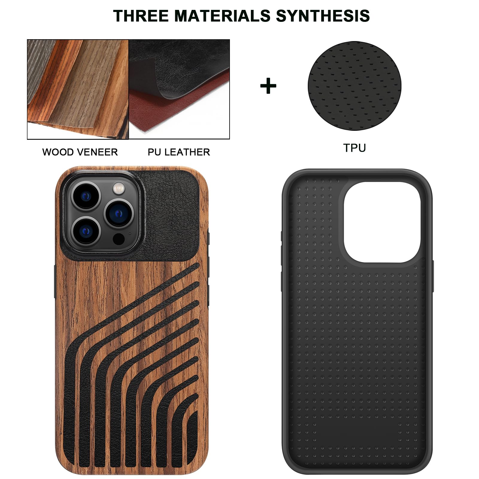 TENDLIN Compatible with iPhone 15 Case Wood Grain with Carbon Fiber Texture Design Leather Hybrid Slim Case (Black)