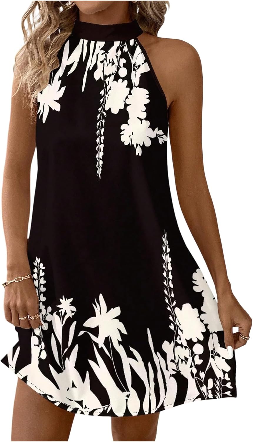 Floerns Women's Sleeveless Floral Print Sundress Halter Neck A Line Short Dress