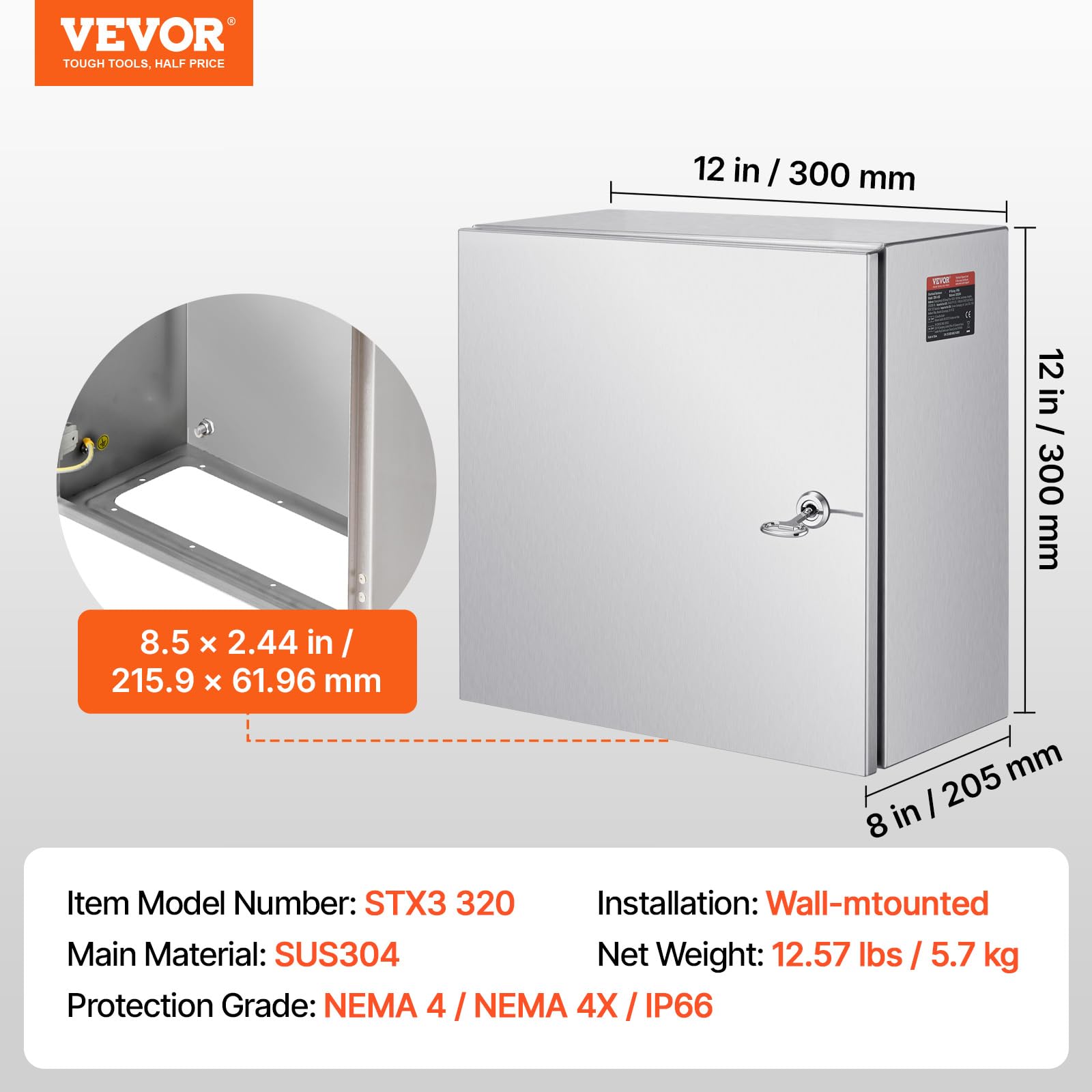 Steel Electrical Box 12" x 12" x 8" Electrical Enclosure Box 304 Stainless Steel Electronic Equipment Enclosure Box IP65 Weatherproof Wall-Mounted Metal Electrical Enclosure with Mounting Plate