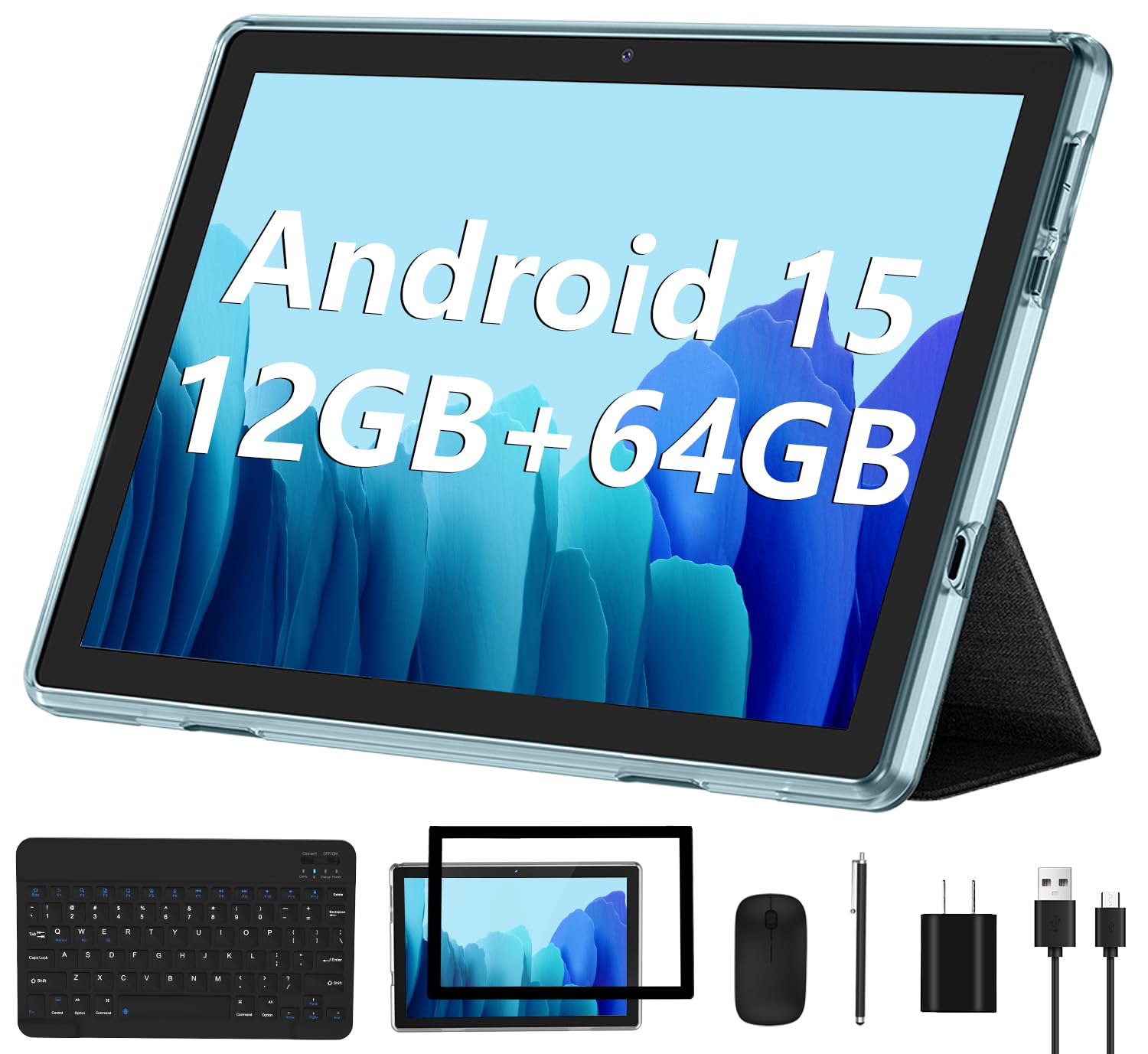 ECOPAD Android 15 Tablet, 10 Inch Tablets with Keyboard Mouse 12GB RAM + 64GB ROM +1TB Expand, 2 in 1 Tableta with WiFi 6 / Bluetooth/GMS Certified/IPS Touch Screen, Black Set