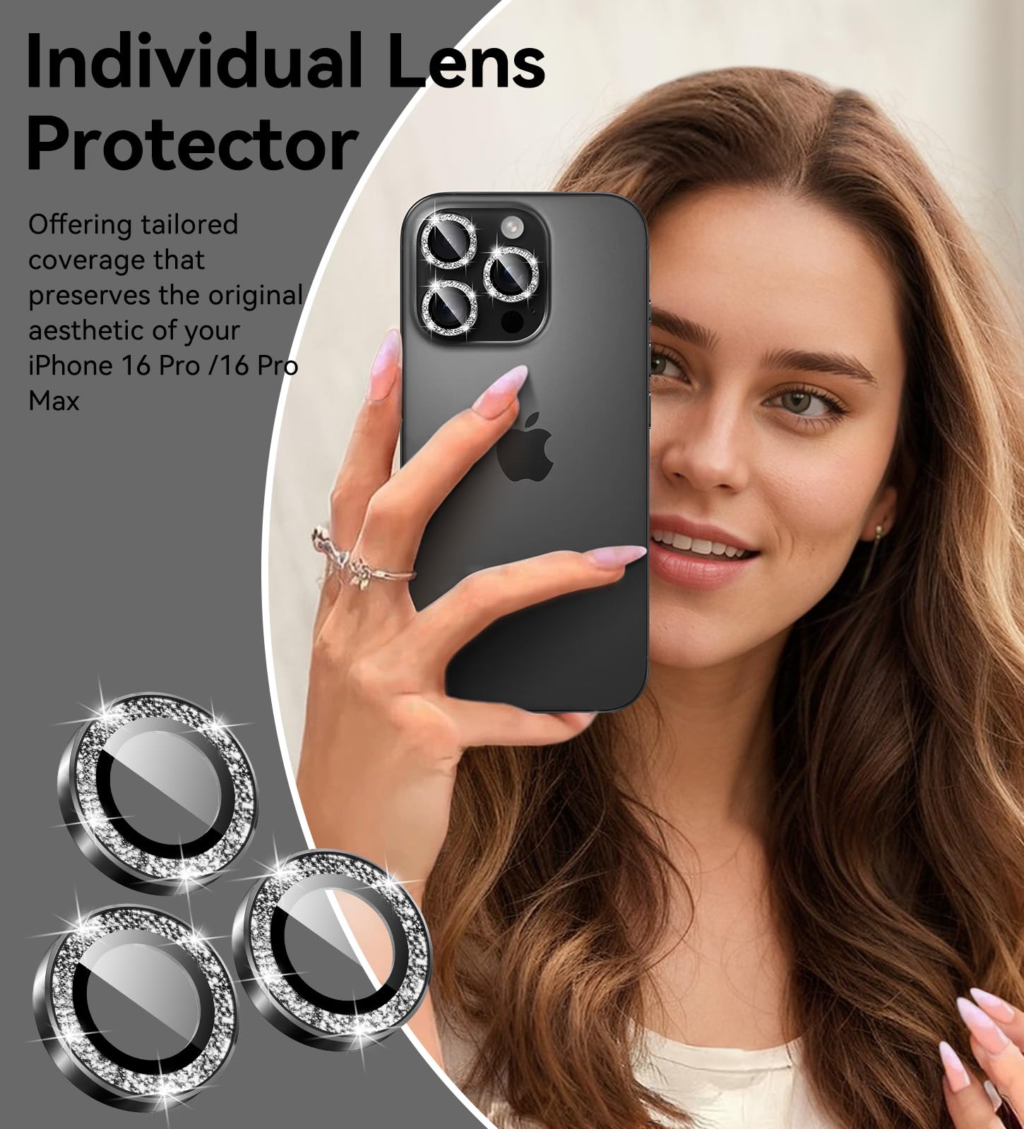 Matekxy Glitter Camera-Lens Protector for iPhone-16 Pro-Max - 16 Pro Anti-Scratch Tempered Glass with Aluminum Edging, Cute Girly Metal Individual Bling Ring Cover for Women, Black Titanium