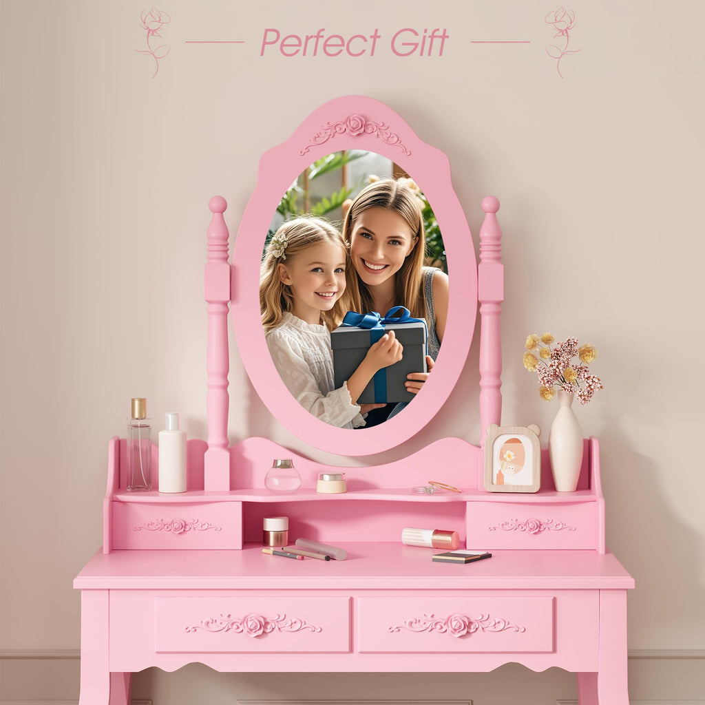 Alohappy Vanity Desk Set with Mirror & Stool for Girls, Makeup Vanity Table and Cushioned Stool Set with 4 Drawers, Wood Dressing Table for Bedroom (Pink)
