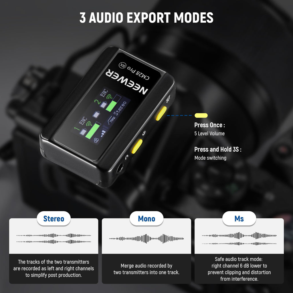 NEEWER CM28 Wireless Lavalier Microphone System, 1 Click Noise Canceling, 4GB Storage for 9Hrs of 48KHz 16 Bit Uncompressed Audio, Lapel Mic Compatible with iPhone/Android/PC/Camera/iPad