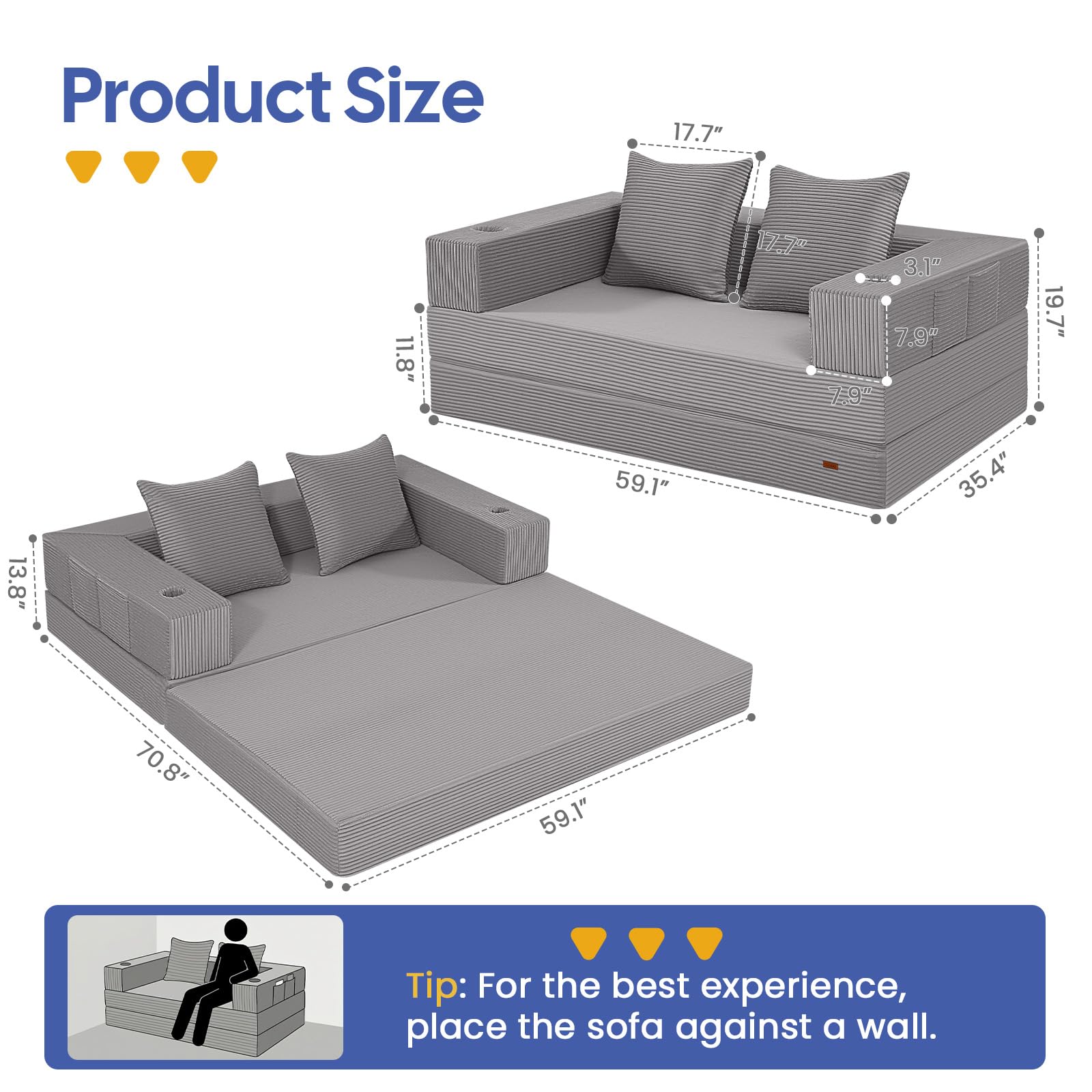 COMAX Futon Sofa Bed, 4‑in‑1 Convertible Sofa Bed, Folding Boneless Couches | Boneless Couch for living room, Fold Out Small Foldable Loveseat Floor Sleeper Mattress Lounge Space‑Saving, Ash Gray