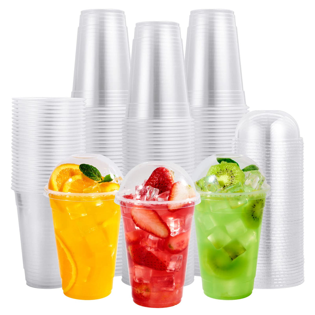 FOCUSLINE 200 PACK 12oz Clear Plastic Cups, Disposable Cold Drinking Cups, 12 Ounce Clear Cups with Dome Lids with Holes for Smoothie, Milkshake, Bubble Tea, Parfait