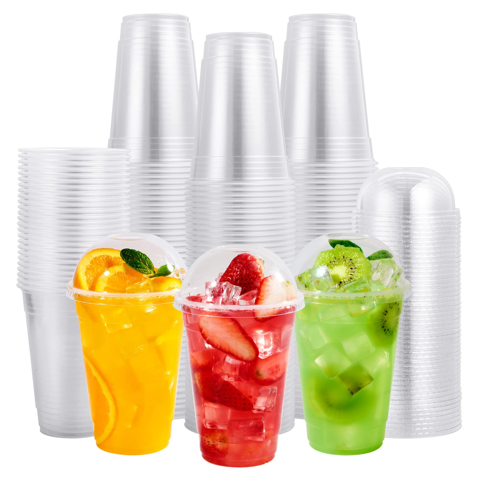 FOCUSLINE 200 PACK 12oz Clear Plastic Cups, Disposable Cold Drinking Cups, 12 Ounce Clear Cups with Dome Lids with Holes for Smoothie, Milkshake, Bubble Tea, Parfait