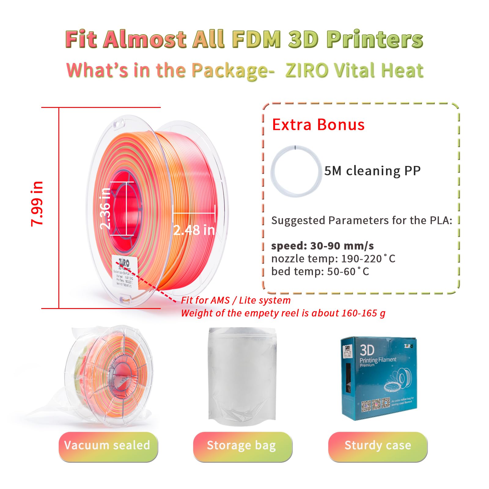 ZIRO Fast Color Change PLA, 1.75mm Color Gradient Filament, Glossy Rainbow PLA Filaments, Fit Most 3D Printer Pen, Shiny Surface 1KG/2.2lbs Spool, Aqua Sky (Silk)