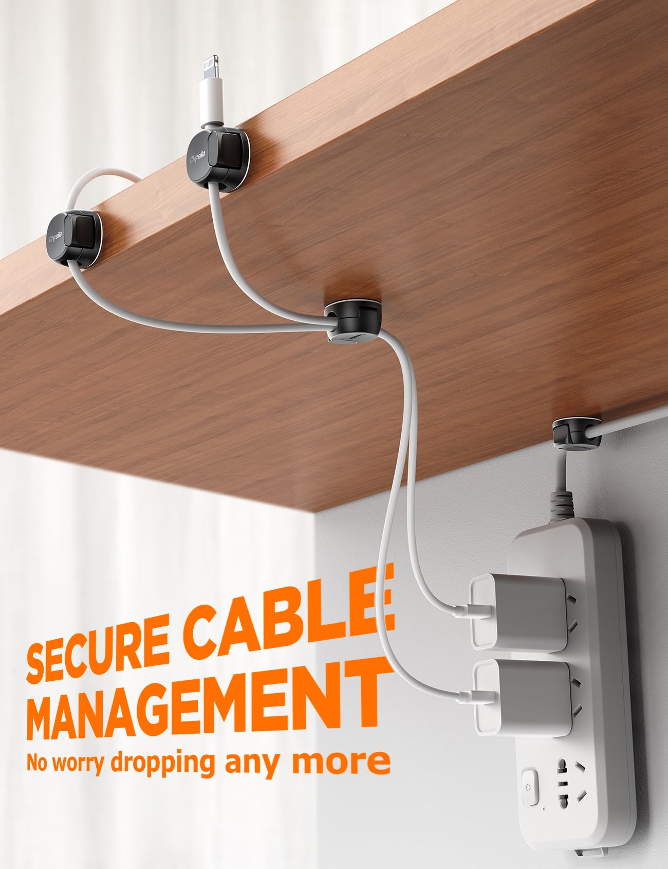 Cable Clips - Chfeila Latest Dual Spring Cord Organizer with Clasp Lock, 6Pack [Max Stability] Desk Cable Management, Adhesive Phone Charging Wire Holder for Nightstand/Car/Wall, Office Accessory