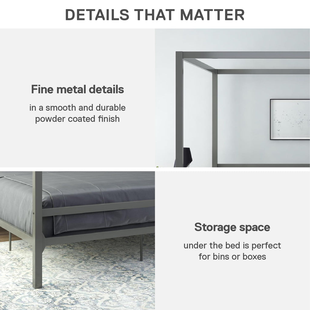 DHP King Metal Canopy Bed, Modern Design with Built-In Headboard, Sturdy Frame, No Box Spring Needed, Gunmetal Gray
