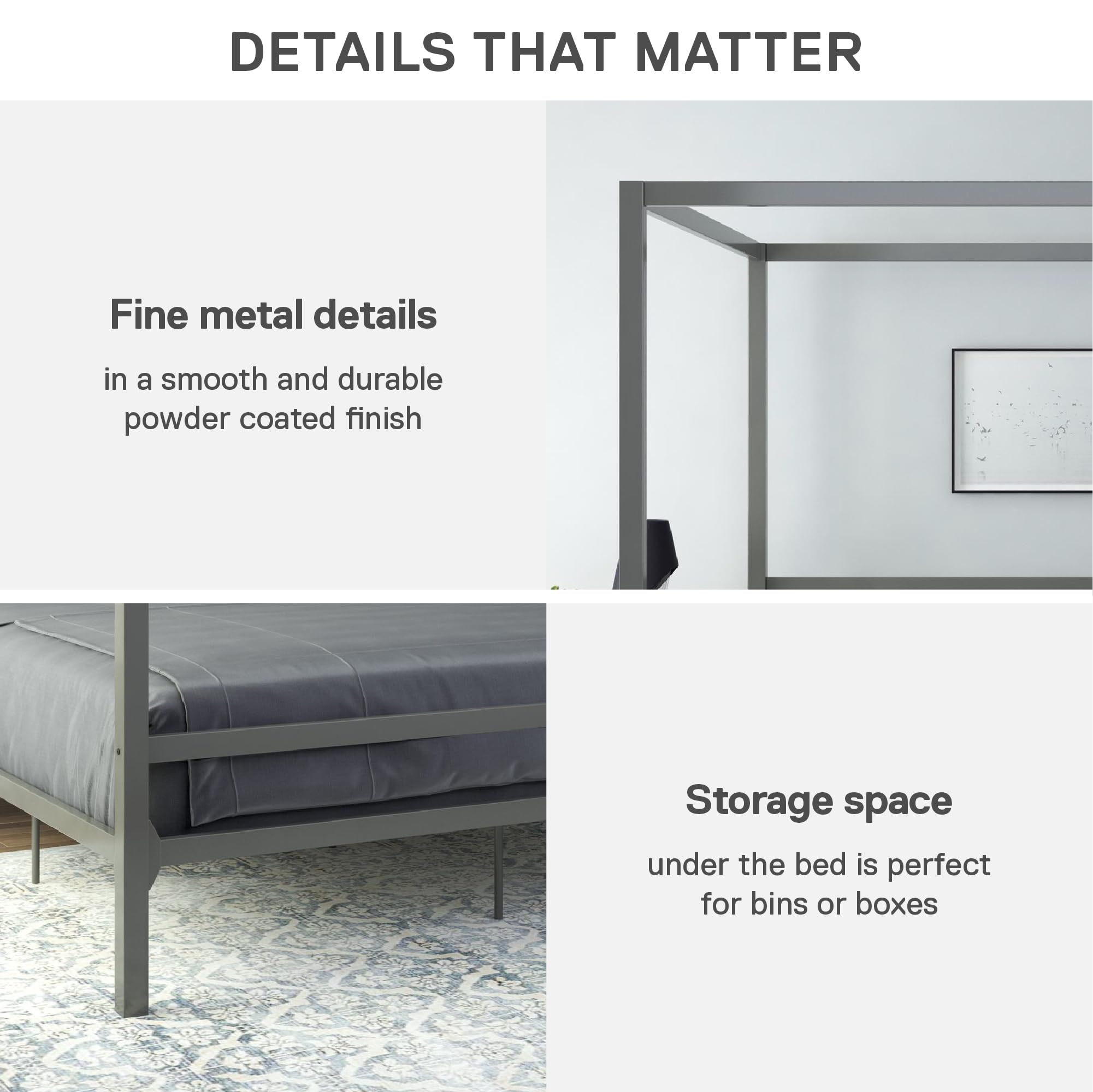DHP King Metal Canopy Bed, Modern Design with Built-In Headboard, Sturdy Frame, No Box Spring Needed, Gunmetal Gray