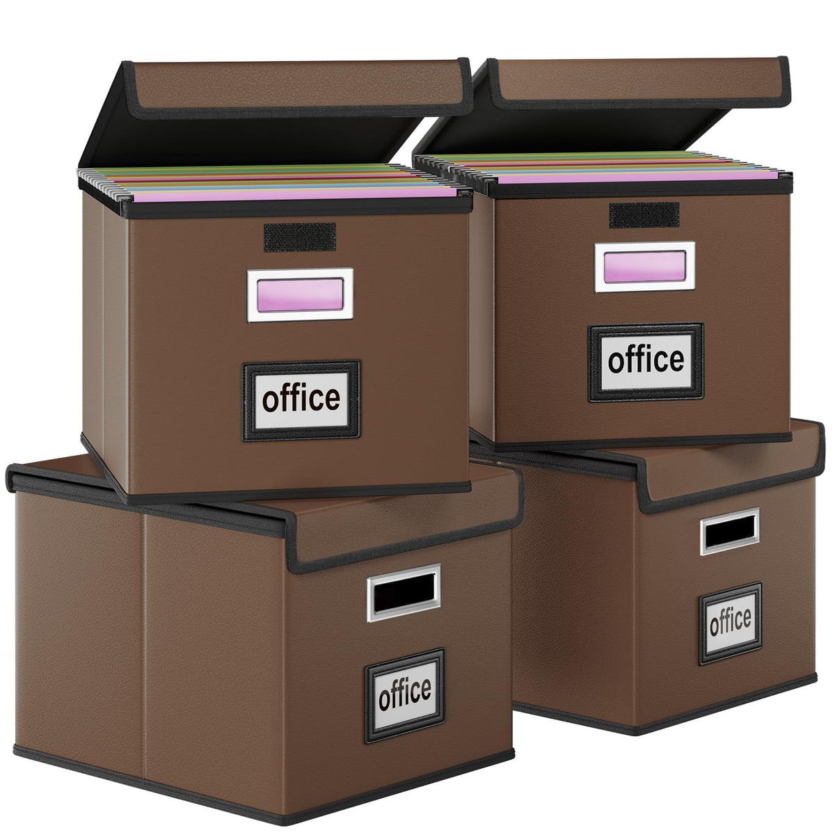 File Organizer Box with Lid, Collapsible Faux Leather Hanging File Folder Box Organizer with Plastic Slides, Decorative Home/Office Filing System Boxes for File and Folders Storage