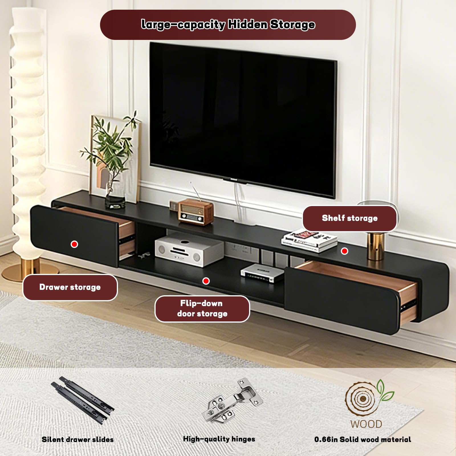 FPIGSHS Wall Mounted Media Console with 2 Drawers Solid Wood Floating TV Stand Hanging TV Shelf Entertainment Center TV Cabinet, for Home Office (A, 120cm/47.2in)