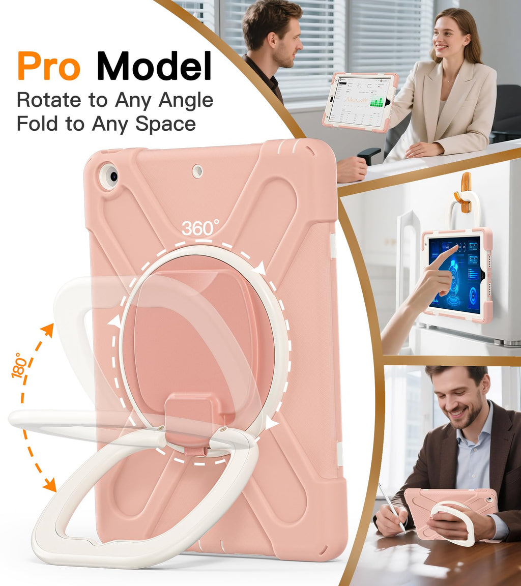 BATYUE for iPad 9th/ 8th/ 7th Generation Case (iPad 10.2 inch Rugged Case 2021/2020/2019) with Screen Protector, Rotating Stand/Pencil Holder/Carrying Shoulder Strap (Colourful Pink)