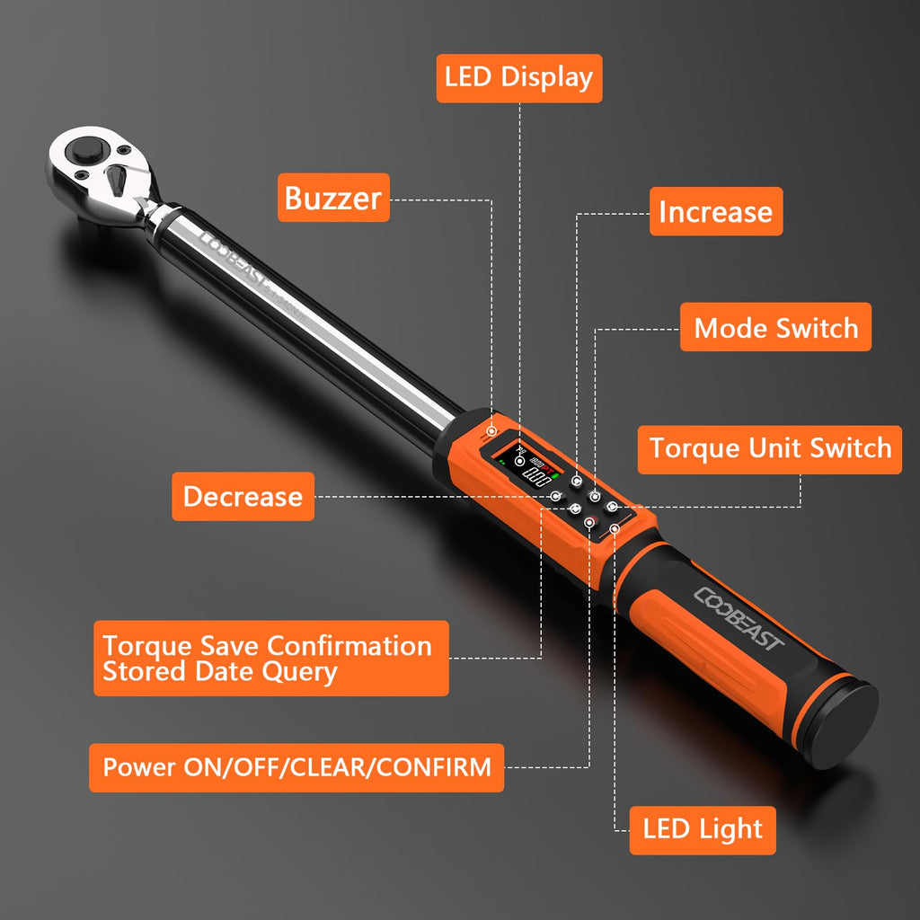 Digital Torque Wrench, 1/2 Drive Electronic Torque Screwdriver with Preset Value(3.76-250.8 Ft.lbs./5.1-340Nm), Buzzer and LED Flash Five Units of Measure Torque Wrench for Motorcycle, Auto Repair