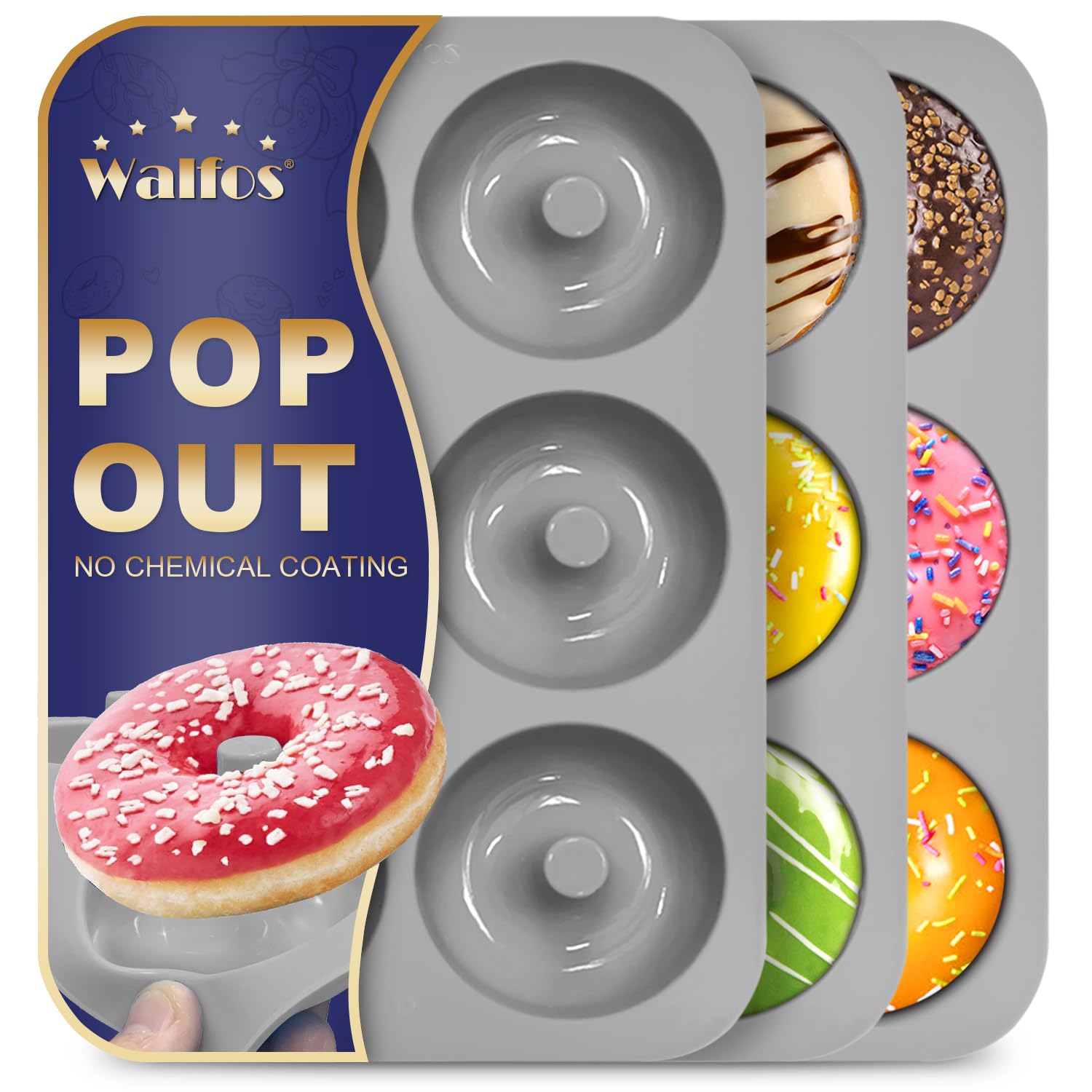 Walfos Donut Pan for Baking - Non-Stick Silicone Doughnut Pan Set, Silicone Donut Mold Heat Resistant, Make Perfect Donut Cake Biscuit Bagels, BPA FREE and Dishwasher Safe, Set of 3