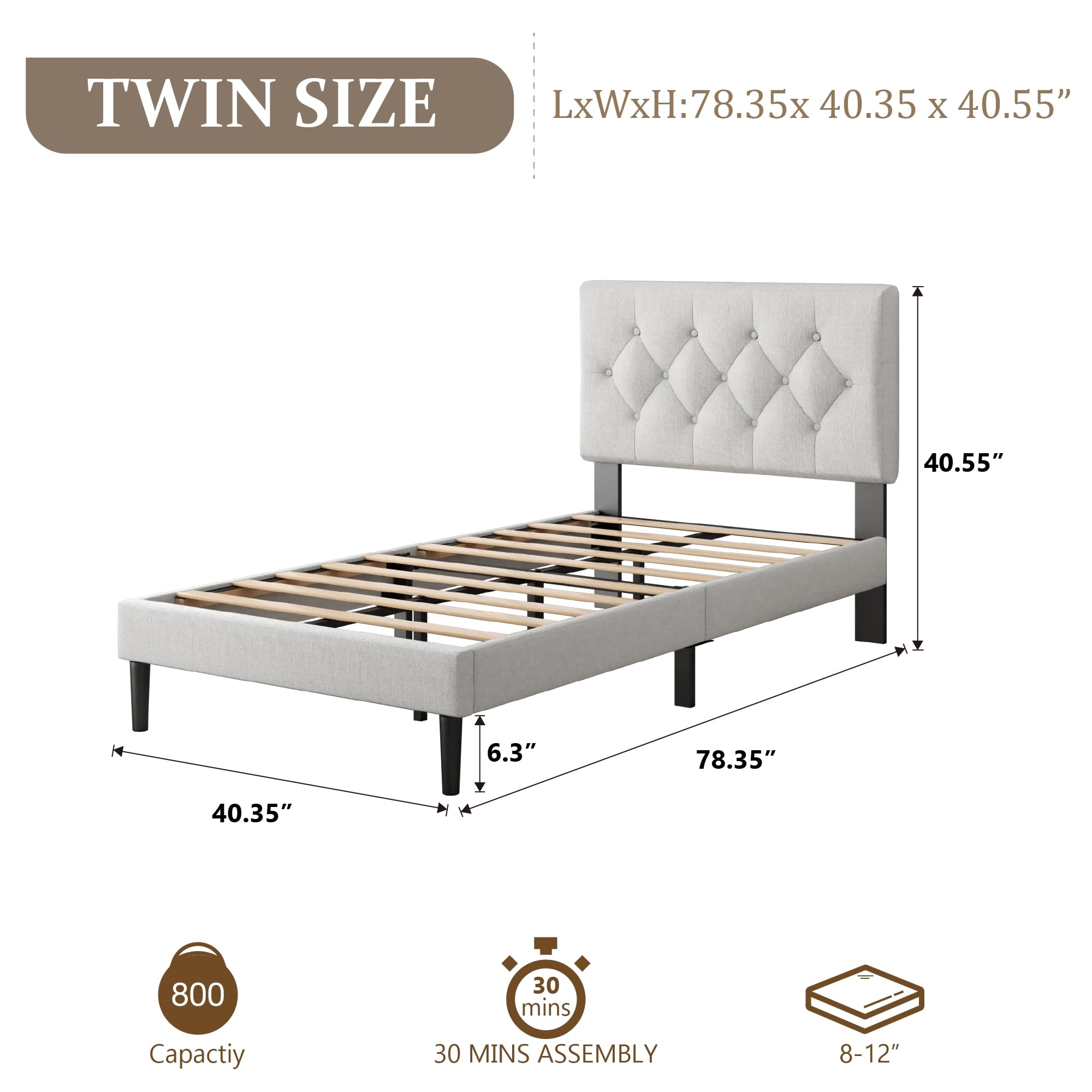 CXVX Full Size Platform Bed Frame with Upholstered Headboard, Button Tufted Design, Strong Wooden Slats, No Box Spring Needed, Easy Assembly, Noise Free