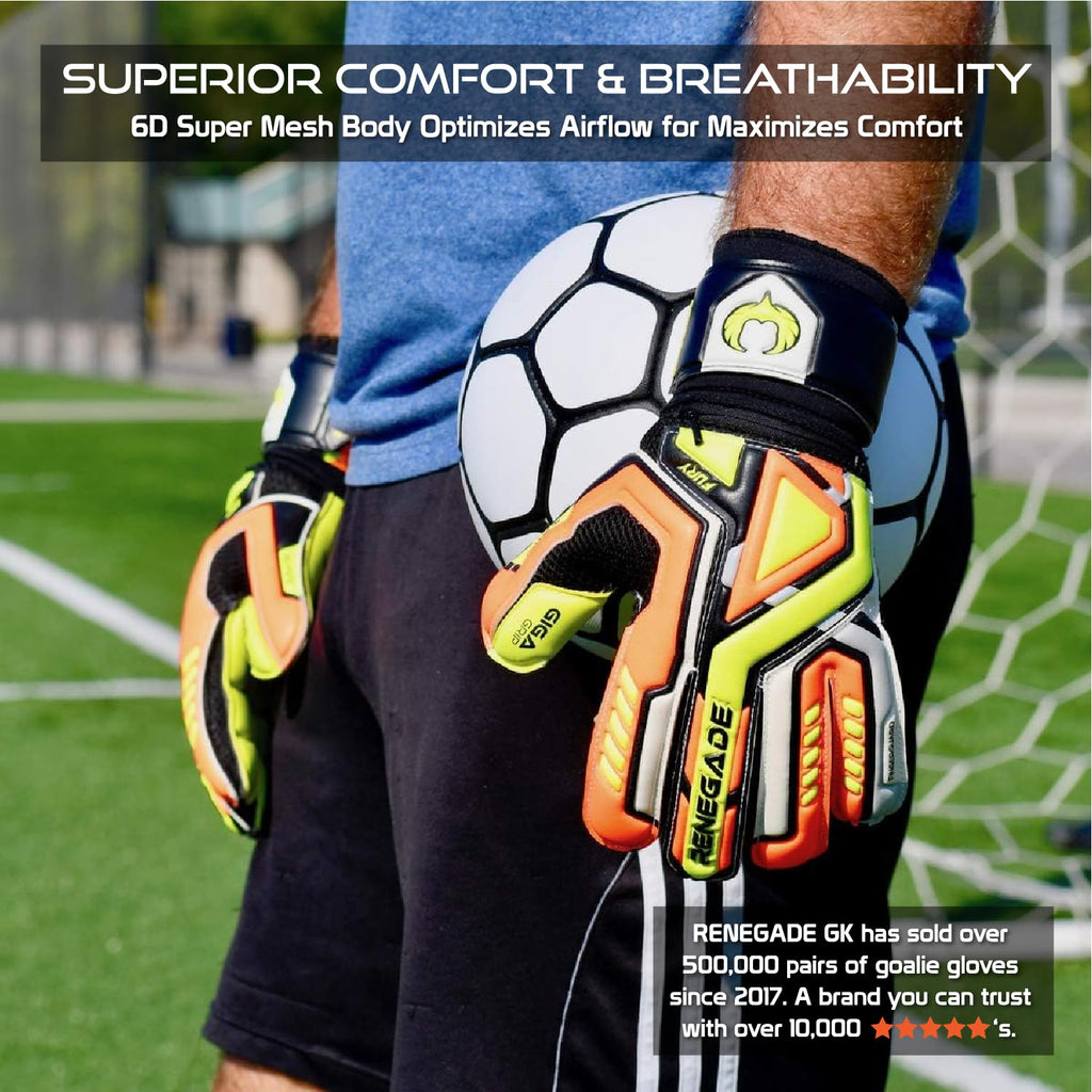 Renegade GK Fury Goalie Gloves with Microbe-Guard - Adult, Youth, Kids (Sizes 6-11) Pro-Tek Fingersaves & 4+3MM Giga Grip | High Performance Pro-Level Goalkeeper Glove | Based in USA