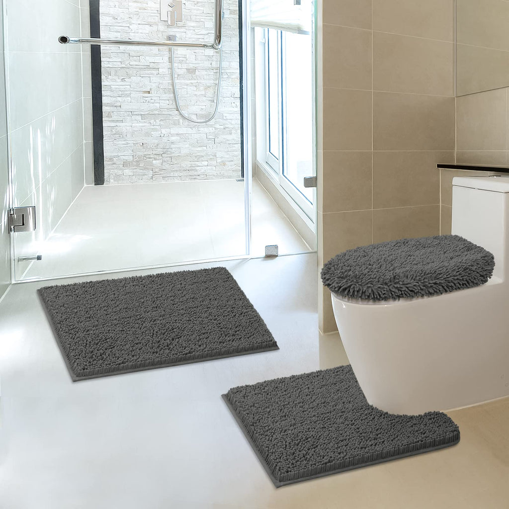 TREETONE Chenille Bath Mat 3 Pieces Bathroom Rugs Set, 20x20 Inches U-Shape Contoured Toilet Mat & 20x32 Inches Rug & Lid Cover,Water Absorbent Plush Rugs for Tub Shower & Bath Room -Beige