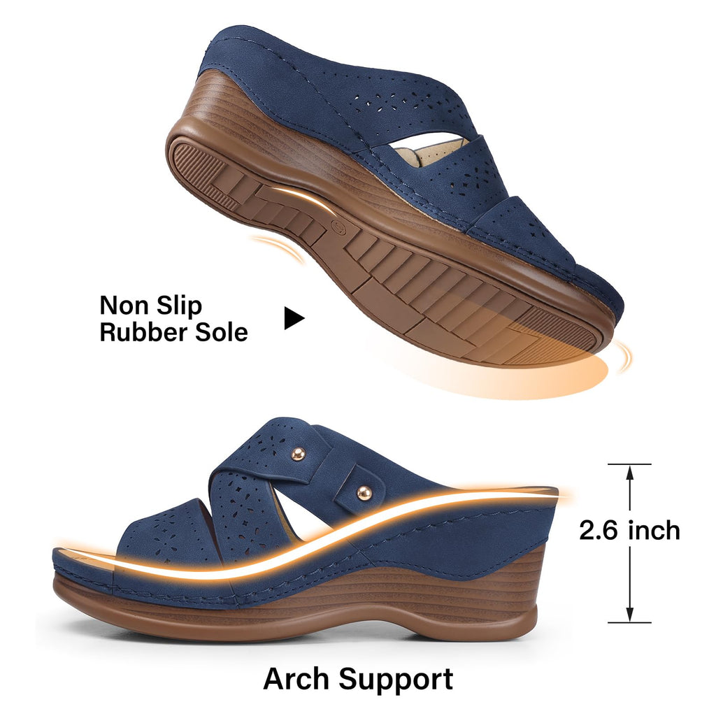 TEMOFON Wedge Sandals for Women Summer: Dressy Low Heel Sandals Black/Navy/White, Comfortable Walking, Arch support, Casual Slip on Summer Shoes, Size 5-11