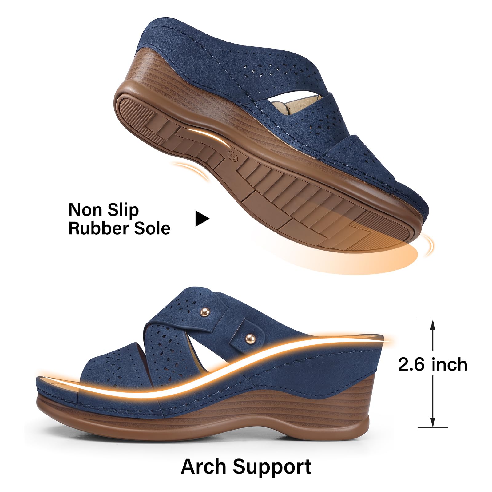 TEMOFON Wedge Sandals for Women Summer: Dressy Low Heel Sandals Black/Navy/White, Comfortable Walking, Arch support, Casual Slip on Summer Shoes, Size 5-11