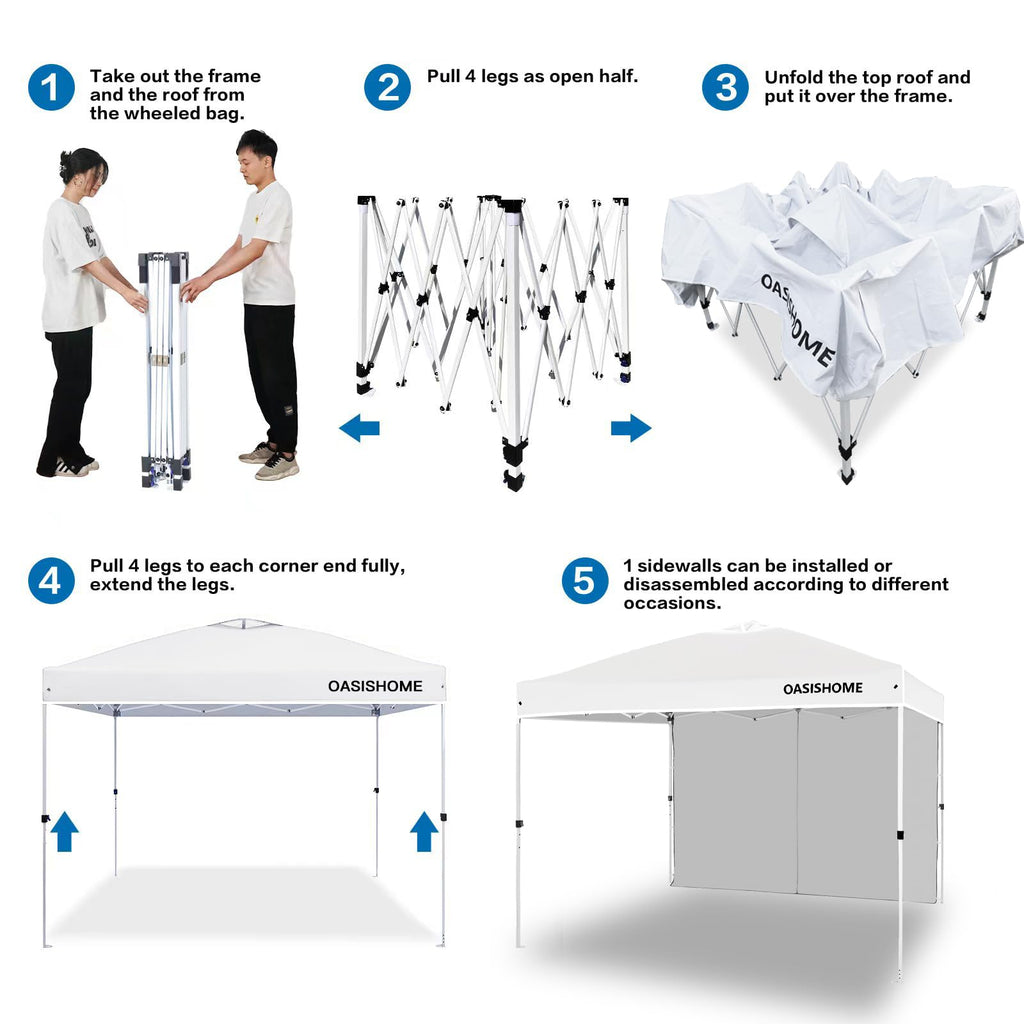 OASISHOME Canopy Tent 10'x10' Pop Up Gazebo with 1-Person Set Up, 4 Sidewalls, Wheeled Bag, Waterproof UV Protection Heavy-Duty Steel Frame Shelter for Patio Outdoor Wedding Party Event (Black,10x10)