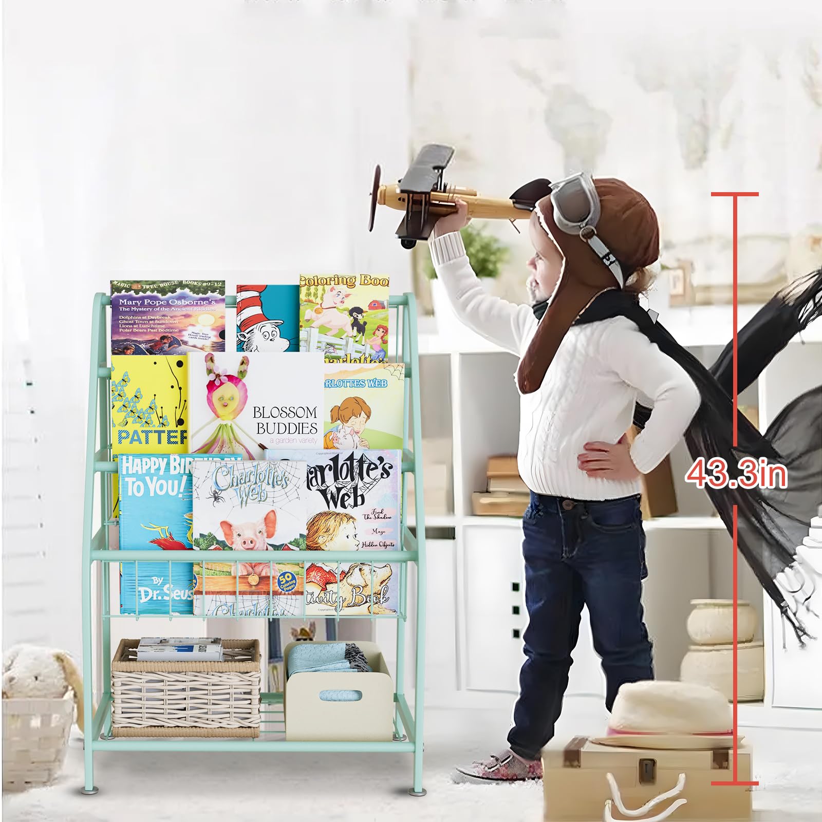 aboxoo Metal Kids Bookshelf Black Large Freestanding for Children Room 32 in Toy Organizer Large Stable Bookcase Bookstore Library Book Unit Storage Kids Bed Living Room