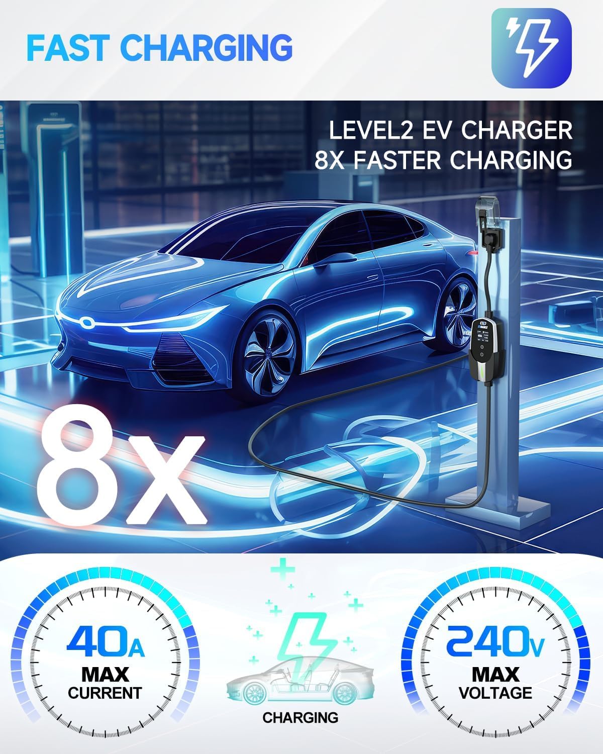 EVDANCE Level 2 EV Charger 40Amp, 240V 9.6KW Portable Electric Vehicle Charging Stations with NEMA 14-50P, 25FT Cable Adjustable Current/Timing Delay Home Electric Car Charger for J1772 BEVs/PHEVs