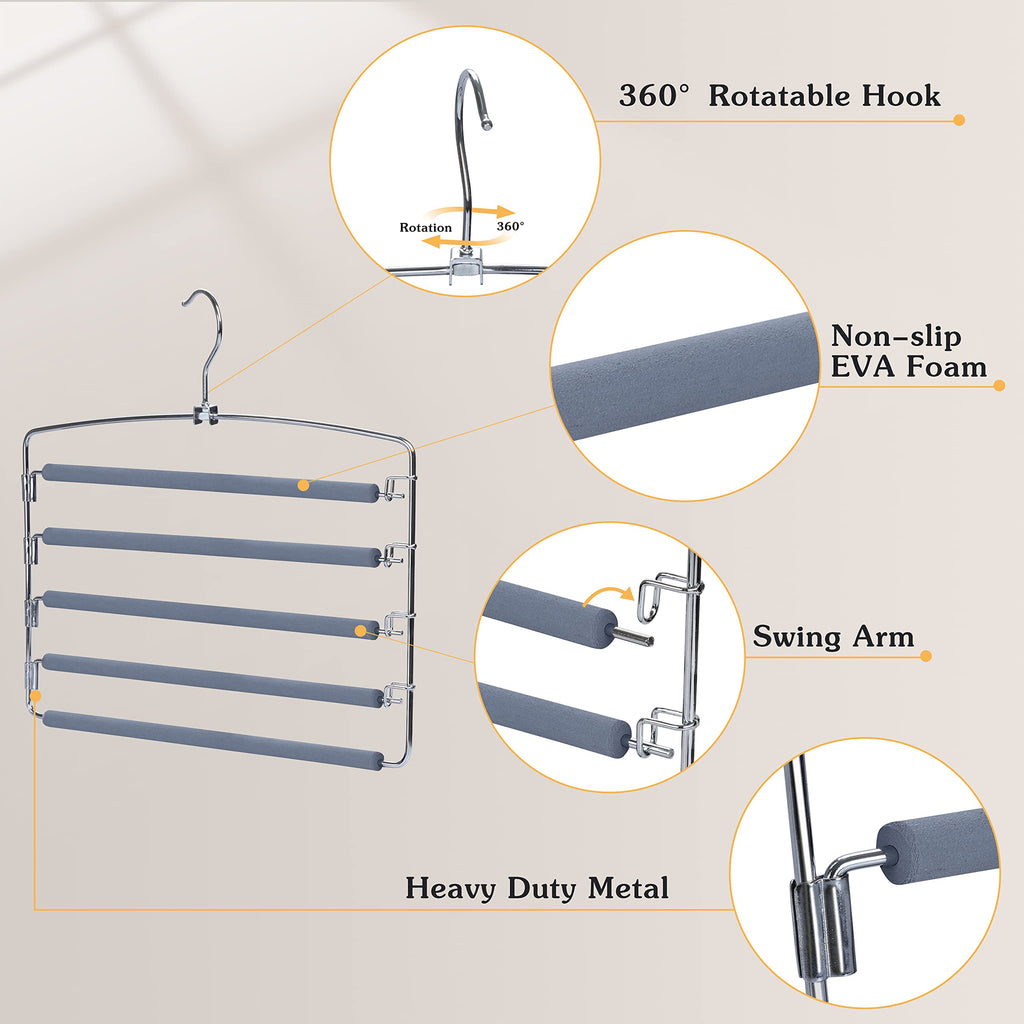 TOPIA HANGER Pants Hangers Space Saving, 2-Pack Swing Arm Pants Organizer for Closet, Non-Slip Foam Padded Organizer Hanger for Multi Slacks, Jeans, Trousers, Skirts, Scarfs, Black-CT08B