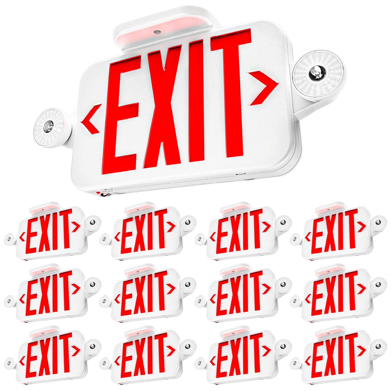 Sunco 12 Pack Combo Red LED Exit Sign with Emergency Lights, Two Mini Adjustable Head Lights, 94V-0 Fire Resistant, Backup Battery, 2.3W, 6000K, 200 Lumens, 120-277V, Wall or Ceiling Mount, Modern, UL
