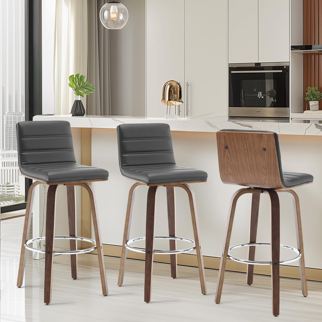Bar Stools 29 Inch Bar Height, Swivel Bar Stools with Backs Upholstered PU Leather Barstool, L Shape Back and Padded Seat, Mid-Century Modern Bar Stool Pub Chairs for Kitchen Counter Island, Black