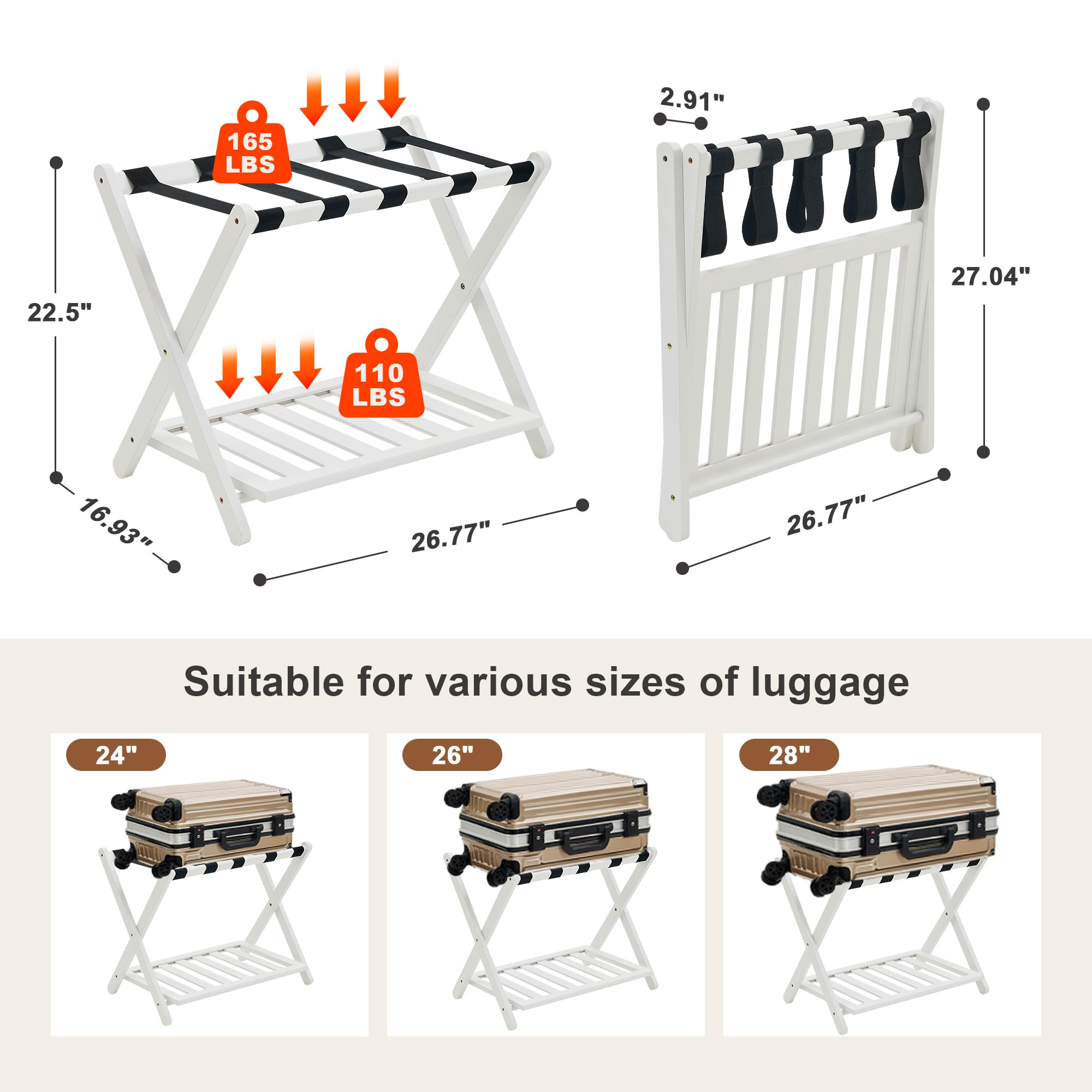 oakvivo Fully Assembled Black Luggage Rack for Guest Room, Bamboo Foldable Suitcase Stand with 5 Nylon Straps, Upgraded Luggage Rack Holder with Shelf for Bedroom Hotel, Holds up to 165 Lbs, 1pcs