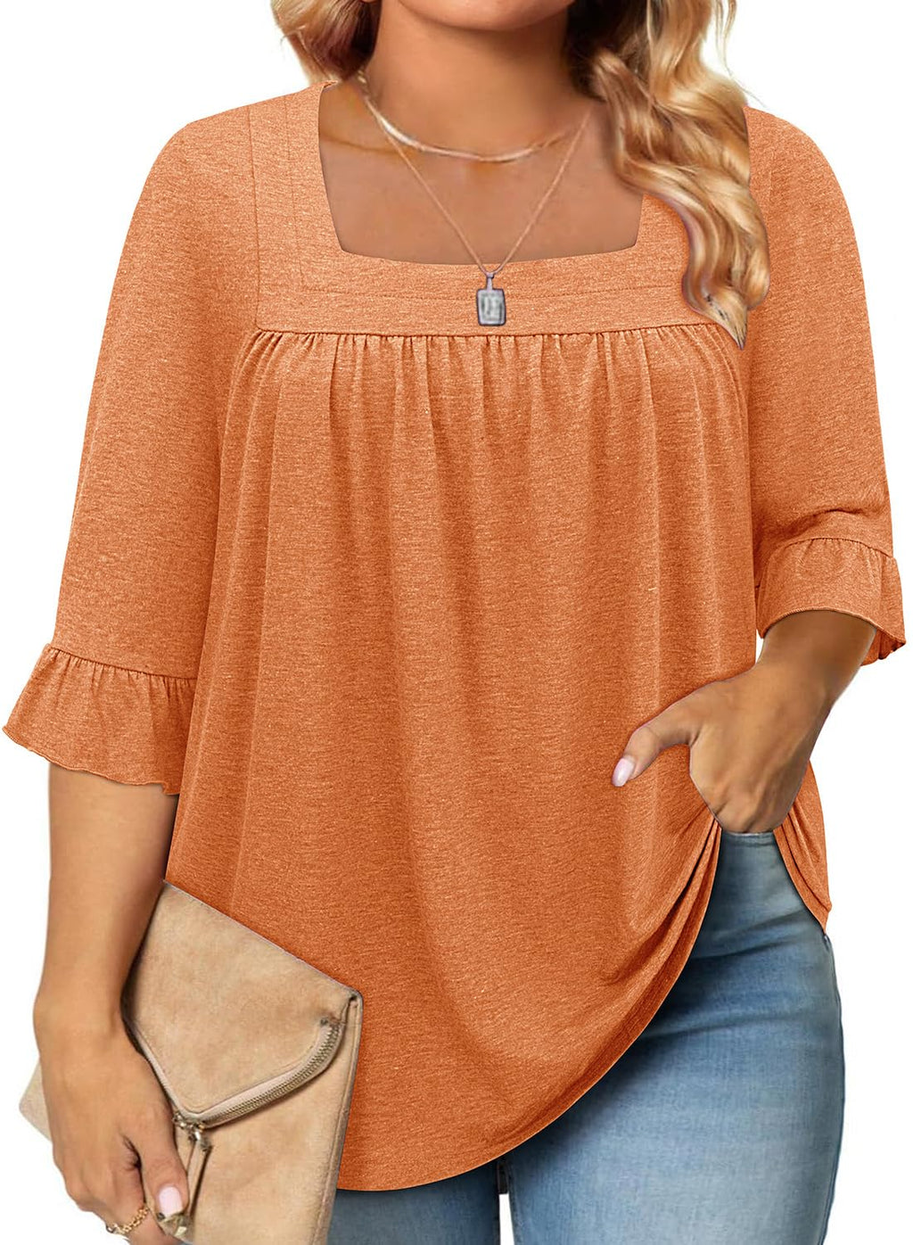 Siddhe Womens Plus Size Tops Loose Fit 3/4 Ruffle Sleeve Blouses Square Neck T Shirt Casual Tunic Tops(1X-5X)