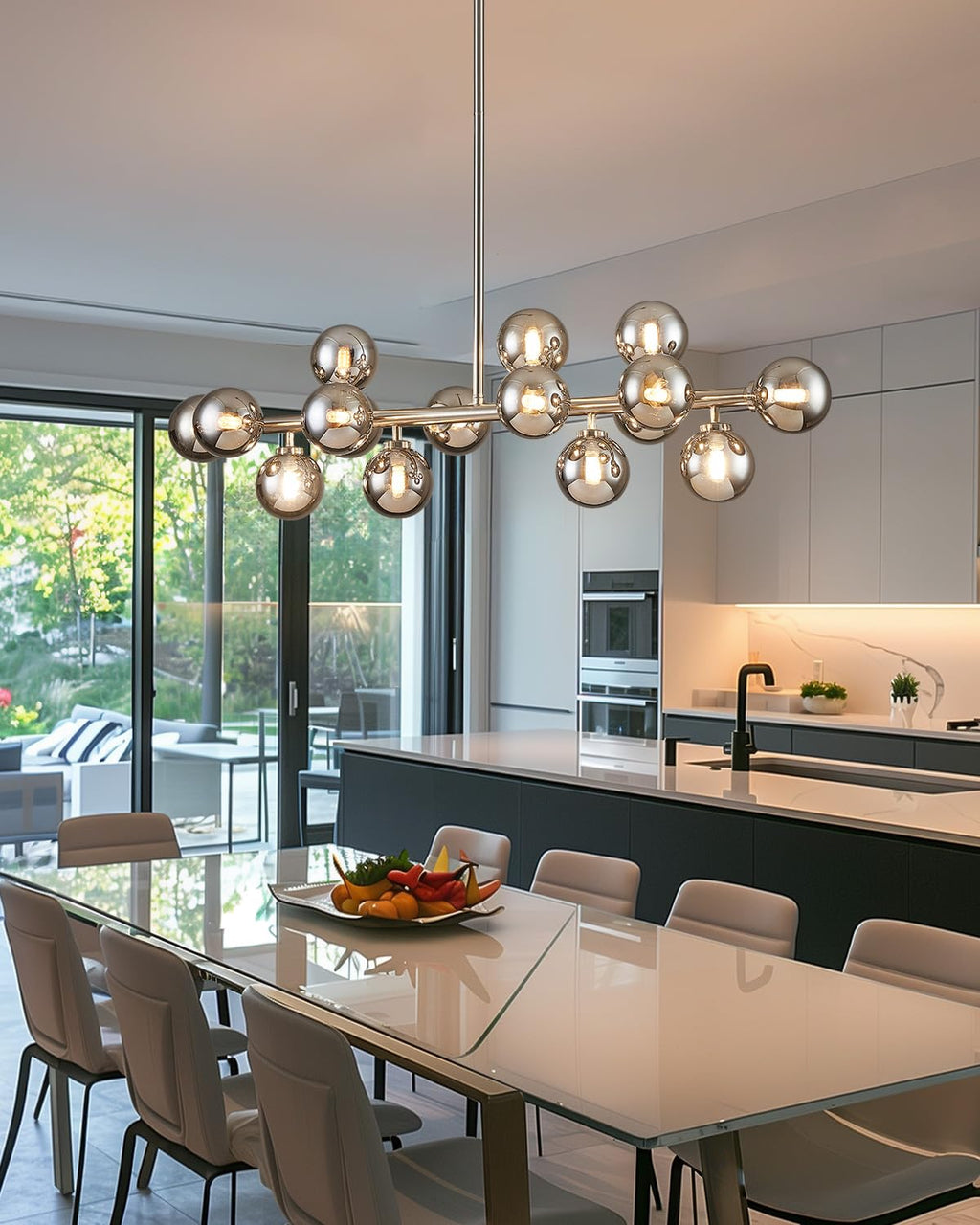 Modern Linear Chandeliers for Dining Room, 8-Light Globe Sputnik Pendant Ceiling Light, Black Dining Room Light Fixture Over Table, Mid Century Glass Milk White Bubble, 31.5 Inch, GC-09