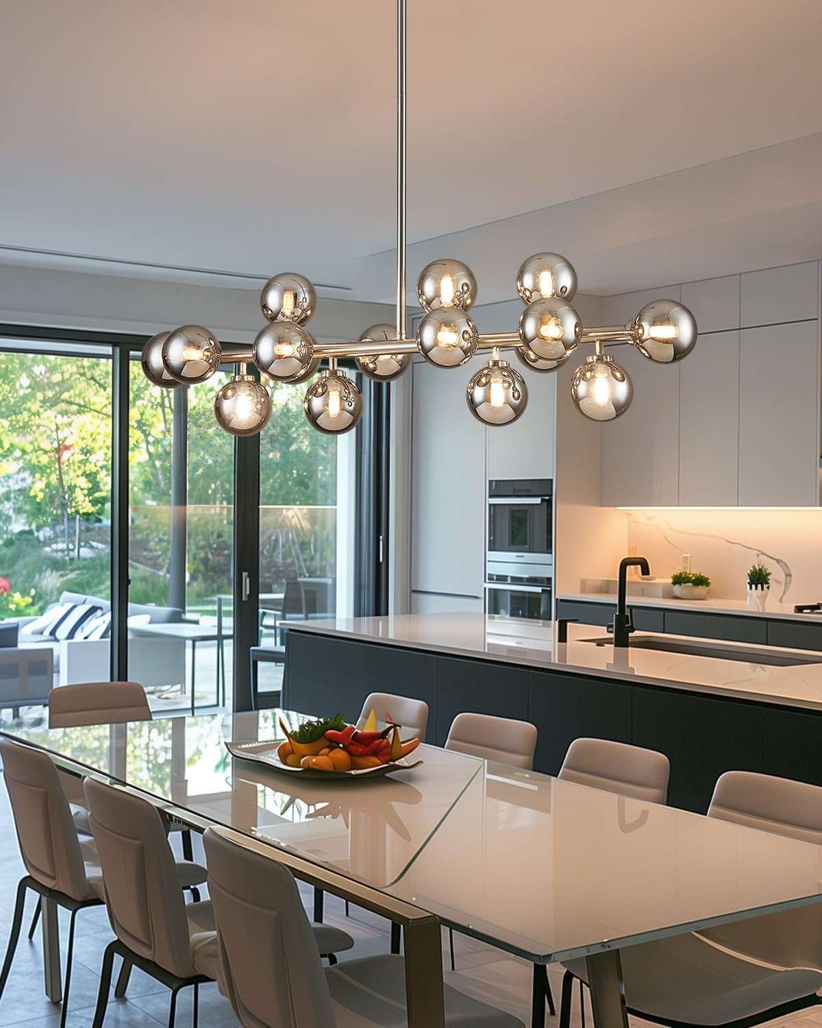 Modern Linear Chandeliers for Dining Room, 8-Light Globe Sputnik Pendant Ceiling Light, Black Dining Room Light Fixture Over Table, Mid Century Glass Milk White Bubble, 31.5 Inch, GC-09